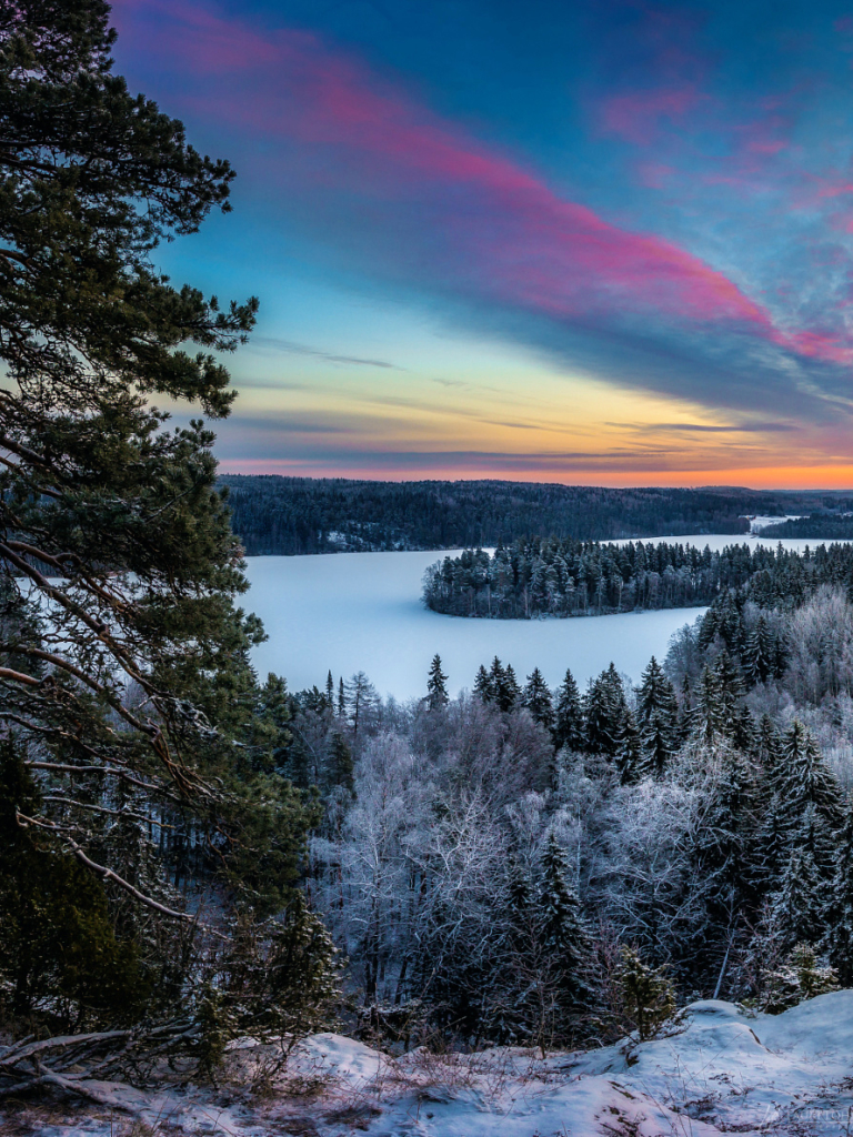 無料モバイル壁紙風景, 冬, 自然, 木, 日没, 雪, 湖, 地平線, 森, 地球, 空, フィンランド, クラウドをダウンロードします。