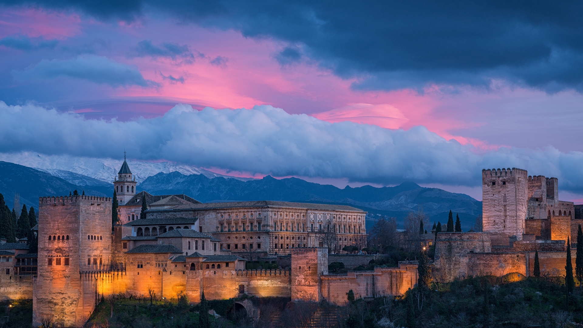 man made, alhambra, castle, cloud, fortress, spain, sunset, castles High Definition image