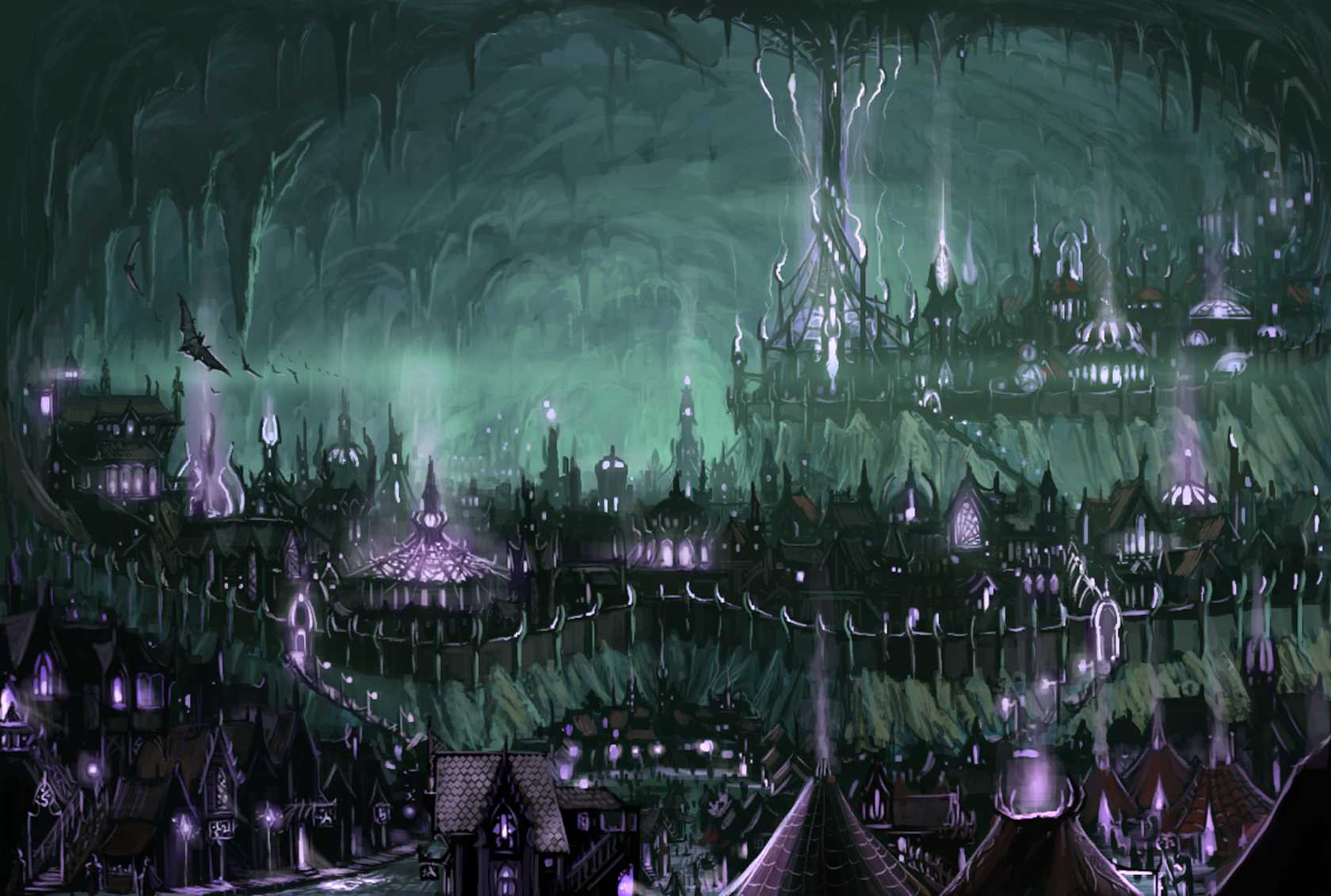 158815 Hintergrundbild herunterladen science fiction, großstadt, schläger, höhle, stadtbild, fantasie, magisch, stalagtiten, unter tage - Bildschirmschoner und Bilder kostenlos