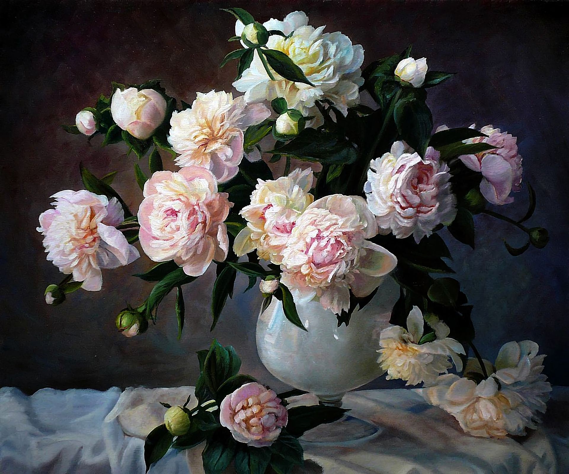 peony, artistic, painting, rose, still life, vase
