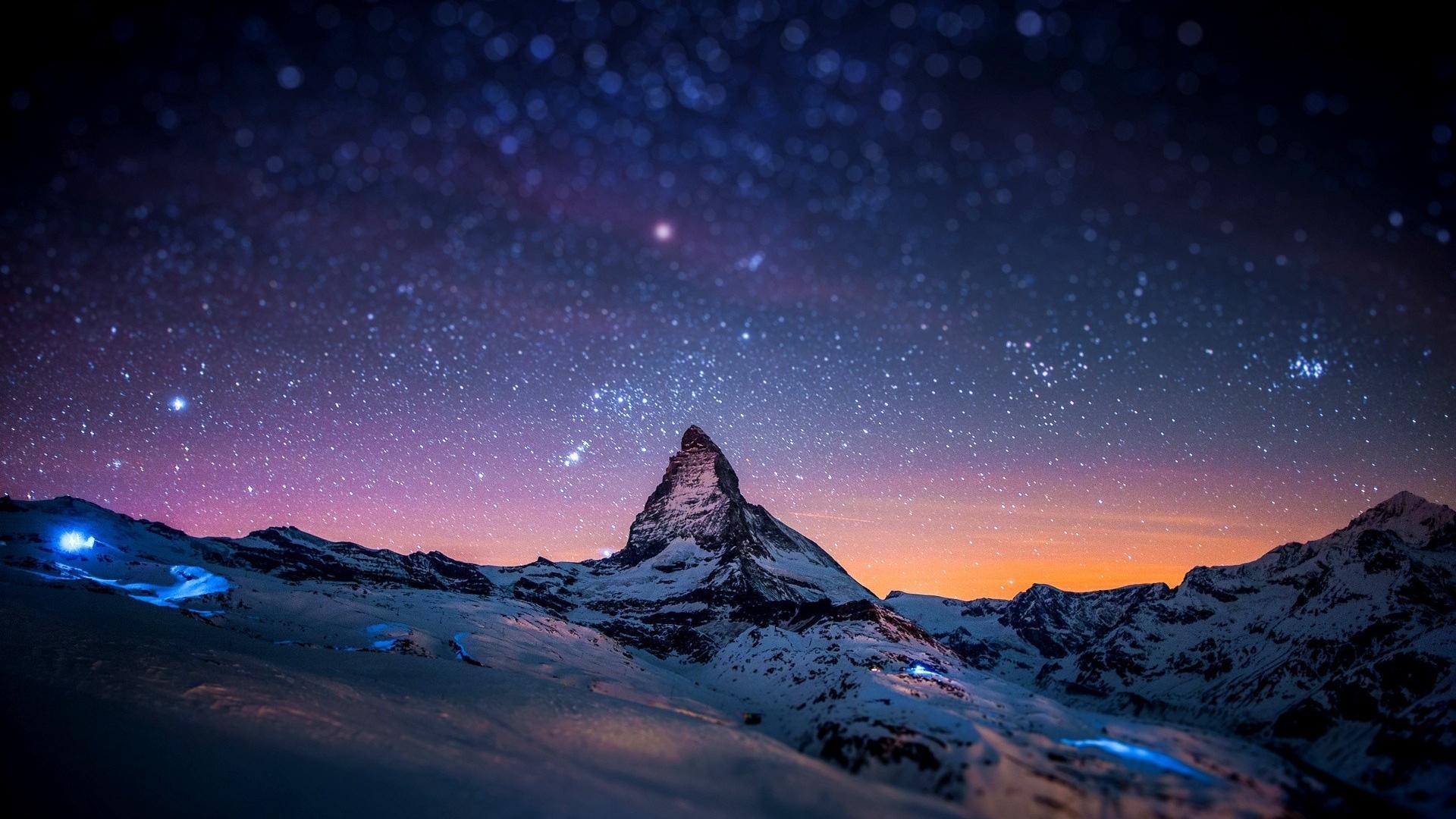 Download mobile wallpaper Snow, Stars, Landscape, Mountains, Night for free.