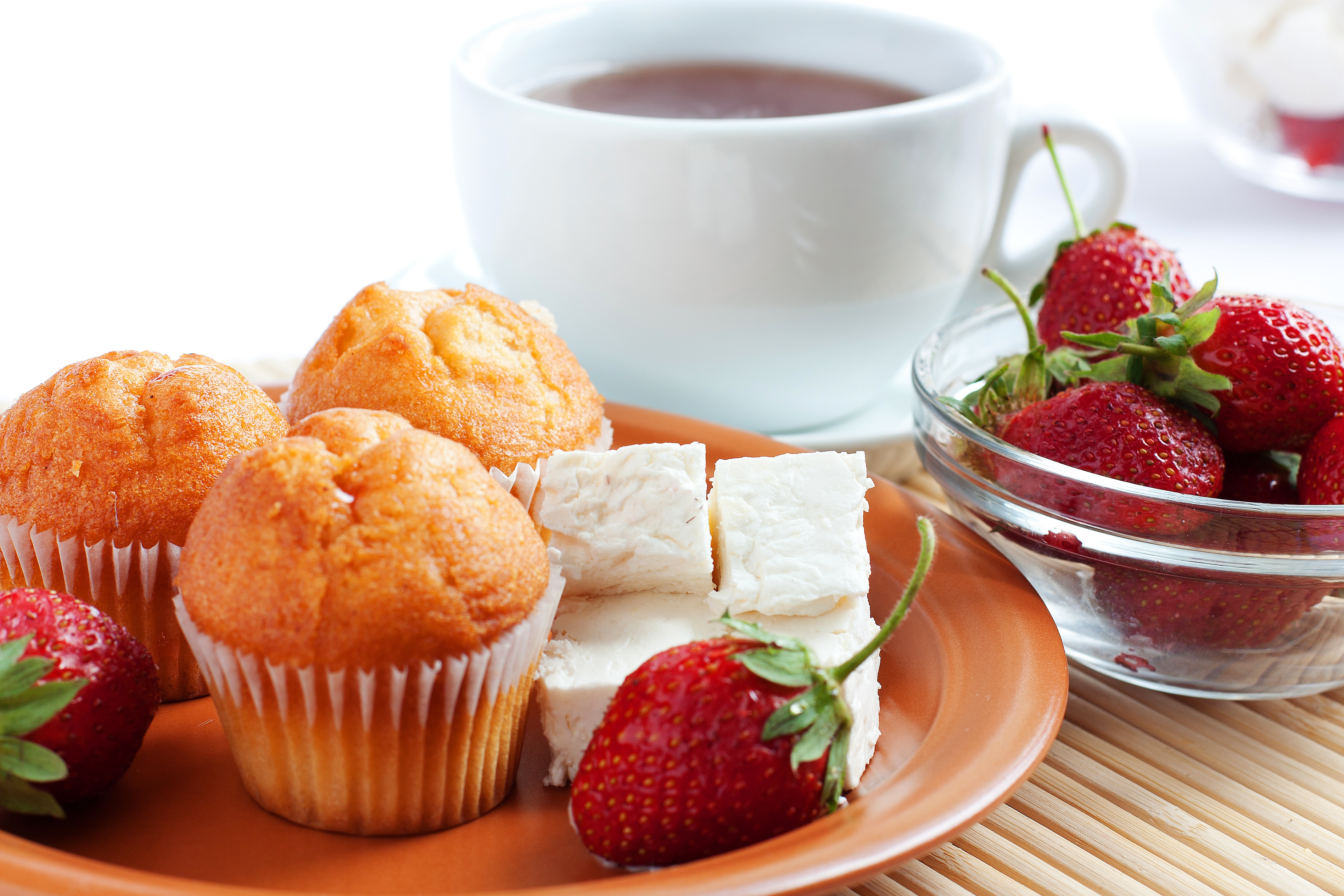 strawberry, food, sweets, breakfast, cheese, coffee, cup, muffin, still life