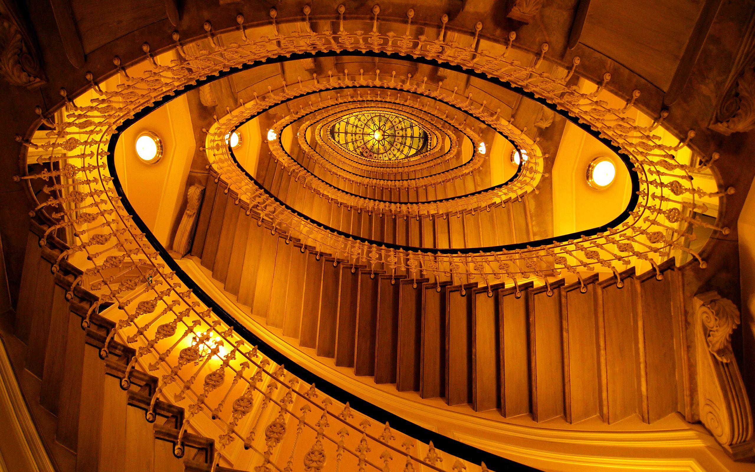 man made, stairs, golden, spiral staircase 4K