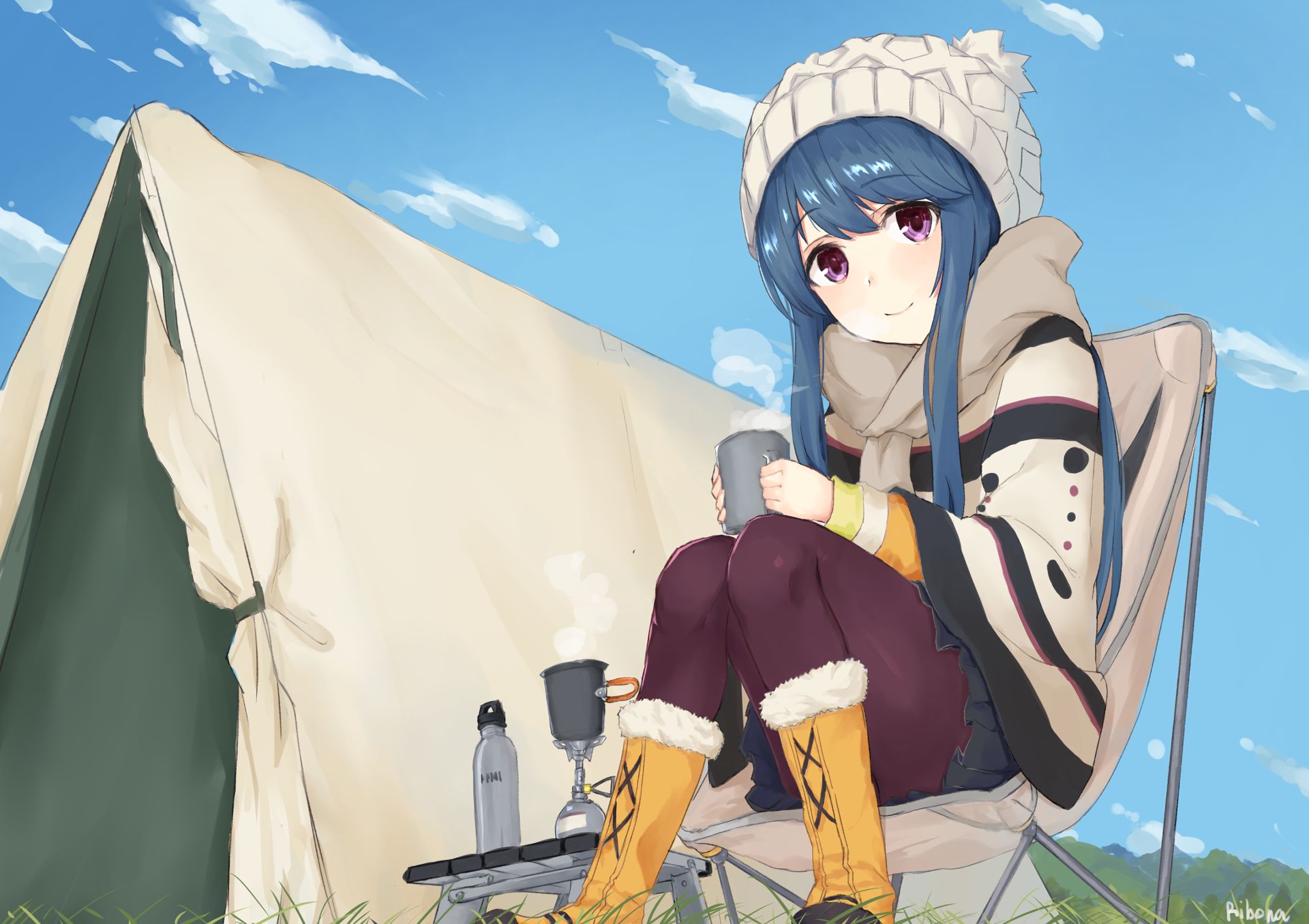 laid back camp, anime, blue hair, boots, chair, cup, hat, long hair, pantyhose, purple eyes, rin shima, scarf, skirt, smile, tent