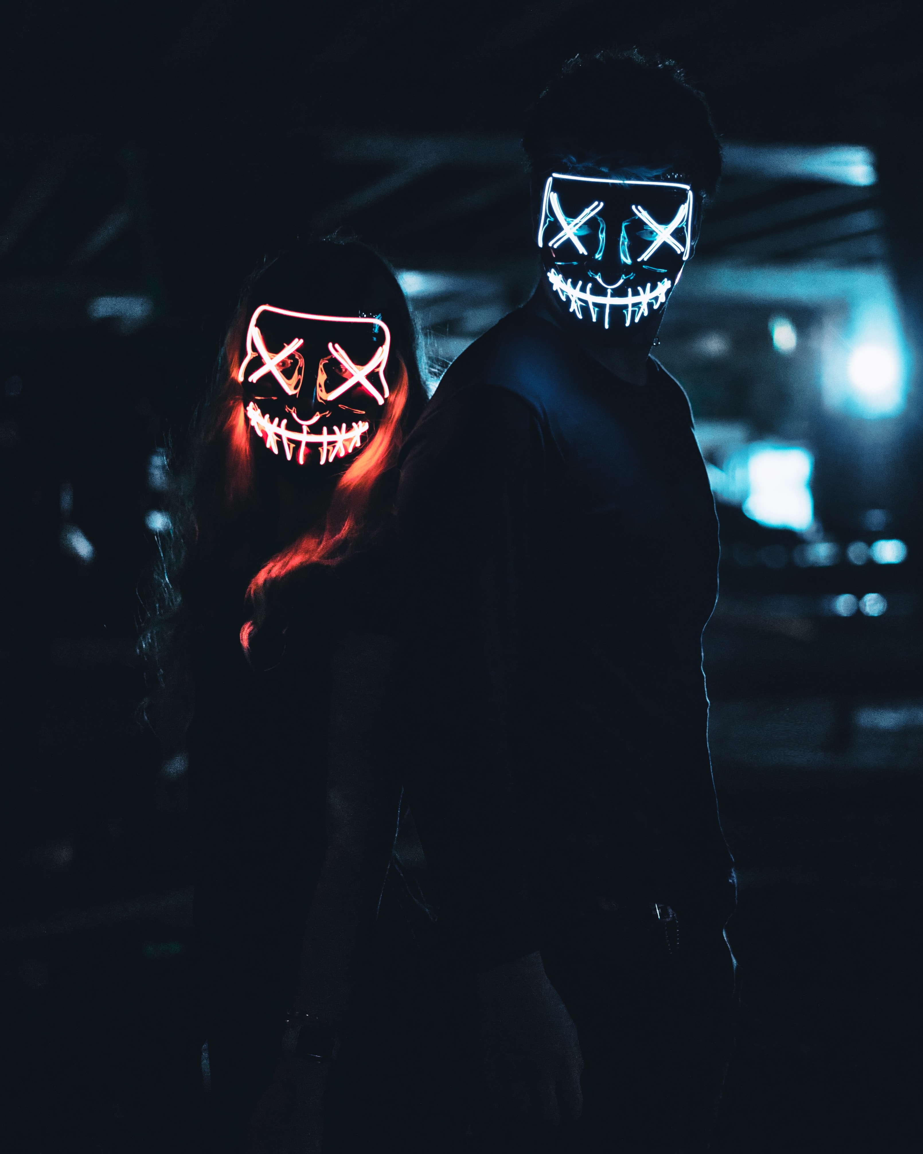 pair, couple, glow, dark, masks, neon