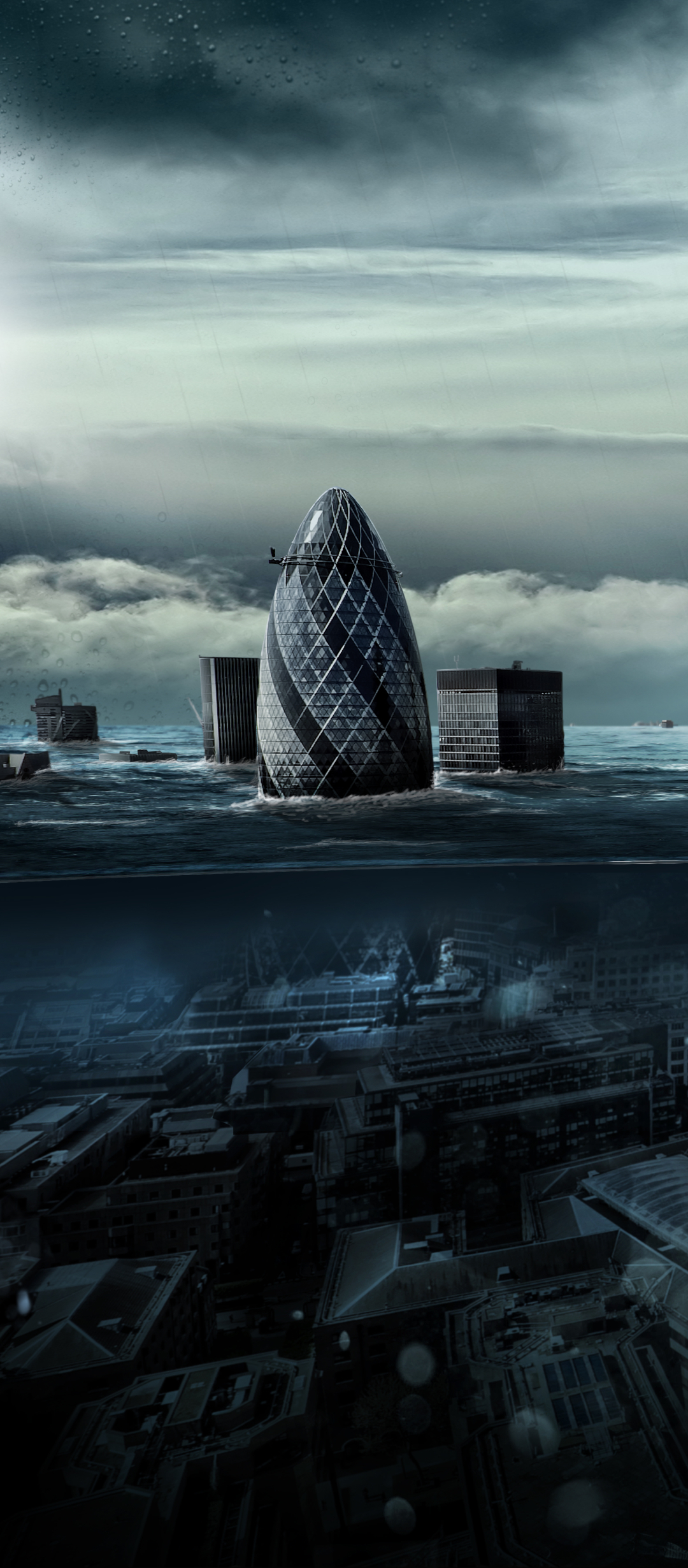 sci fi, post apocalyptic, flood, underwater, building