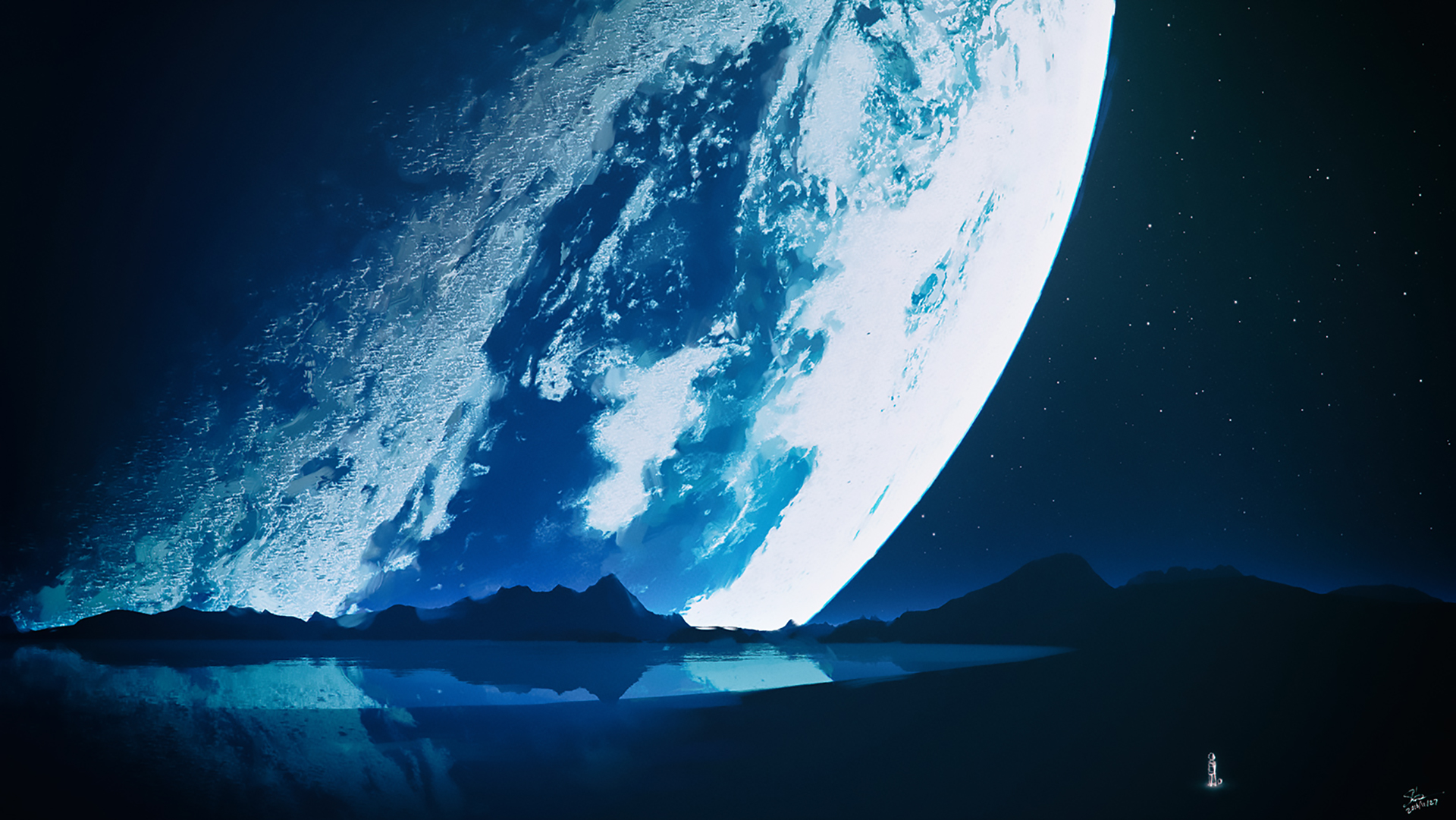 Download mobile wallpaper Landscape, Night, Mountain, Lake, Planet, Sci Fi for free.