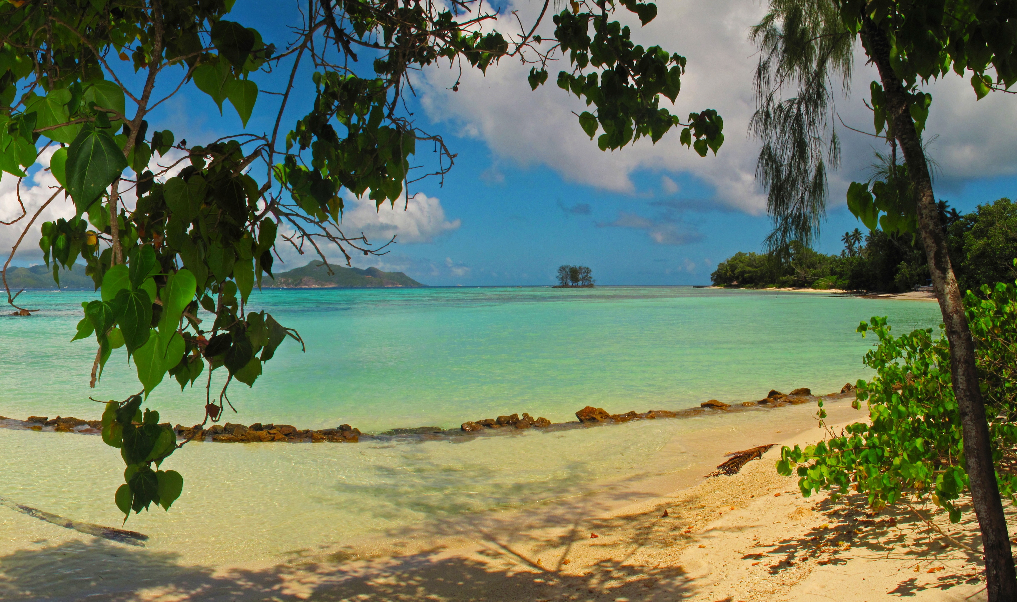 Horizontal Wallpaper beach, landscape, nature, leaves, sea, seychelles la digue