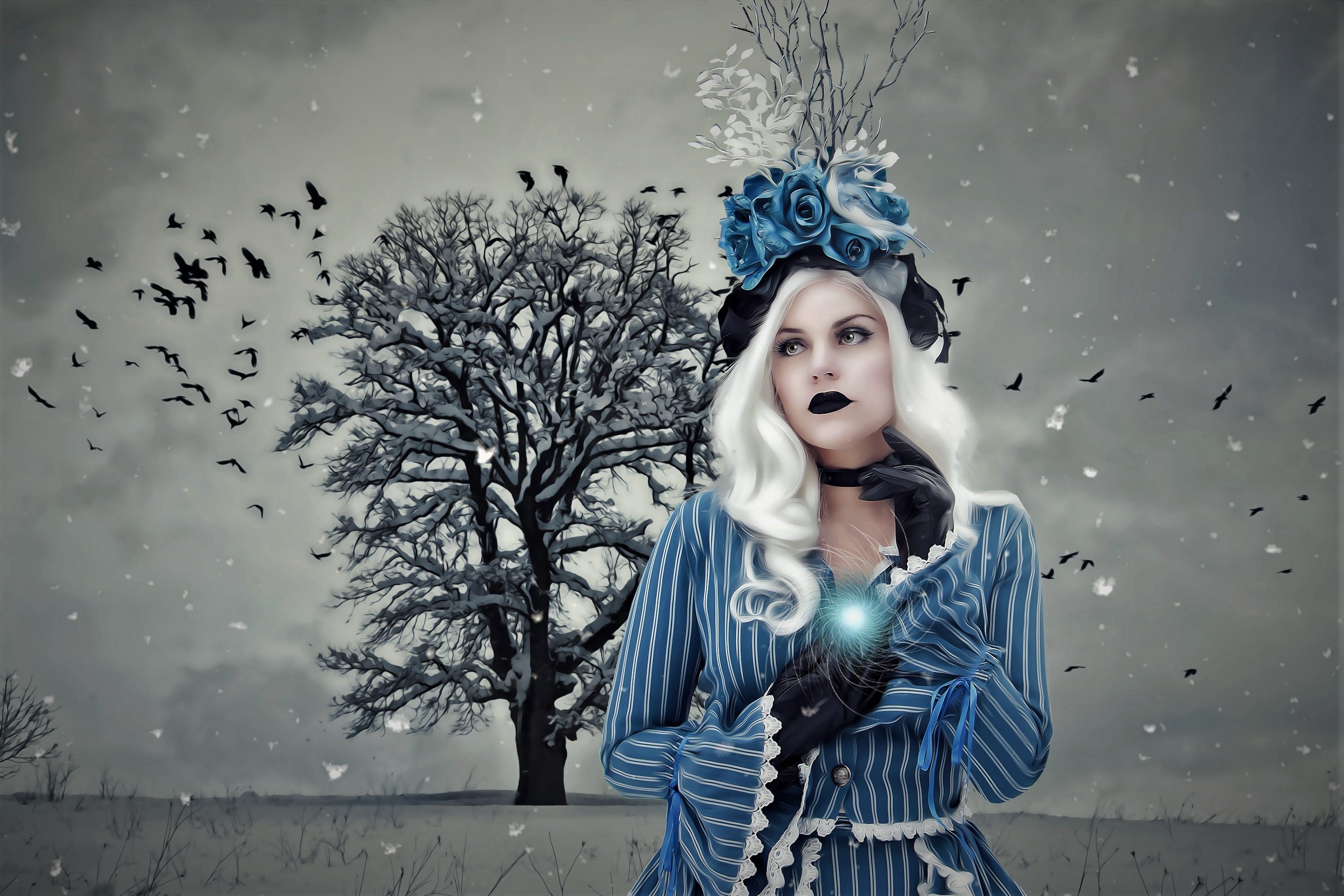 snow, fantasy, women, bird, blue rose, gothic, lipstick, rose, white hair, winter 1080p