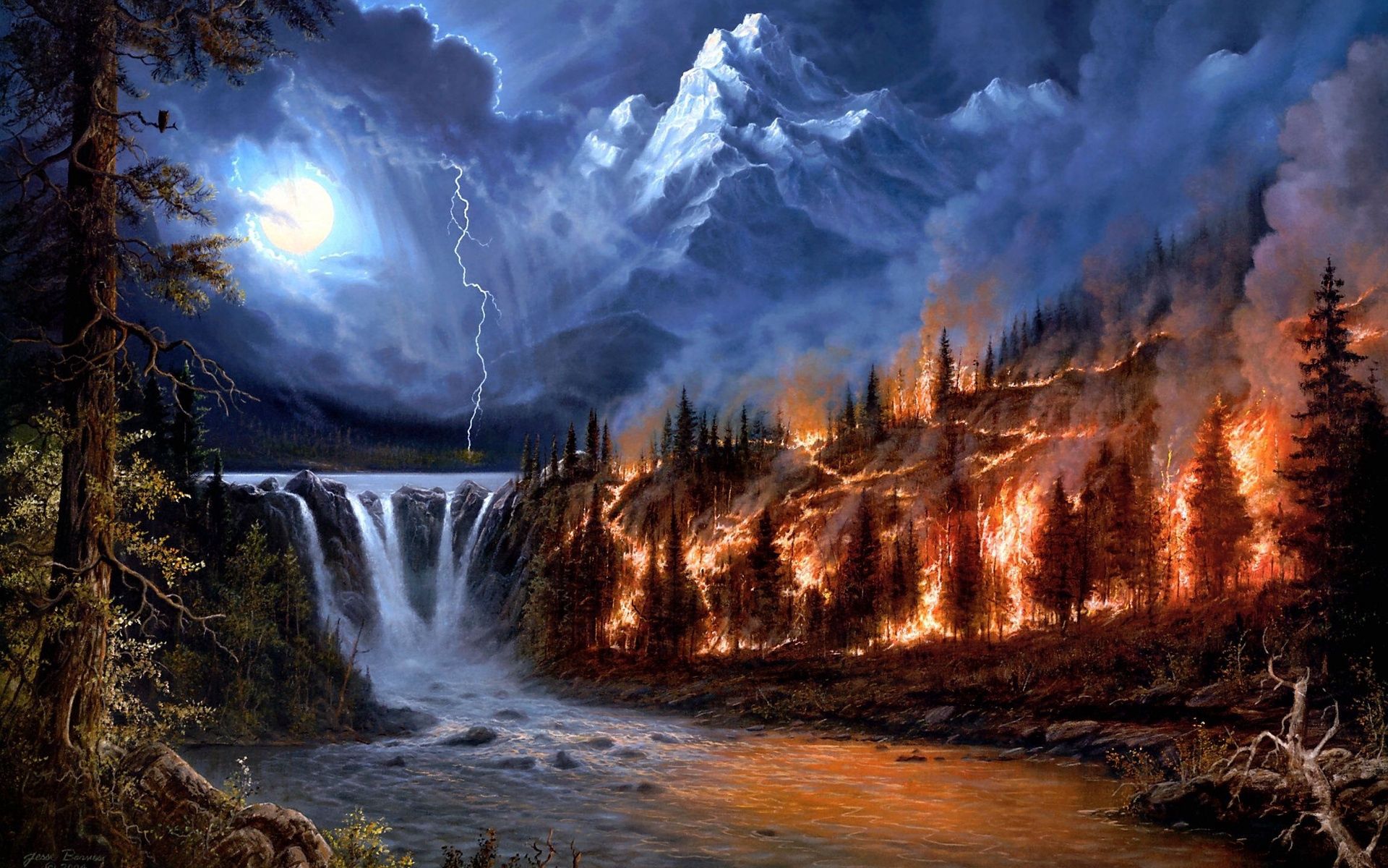 lightning, fire, nature, trees, mountains, night, moon, waterfalls, forest wallpaper for mobile