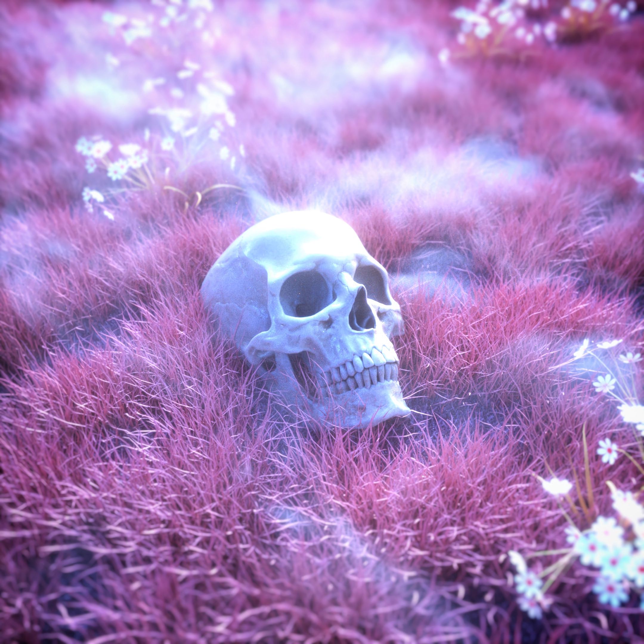 skull, skeleton, art, grass, pink HD wallpaper