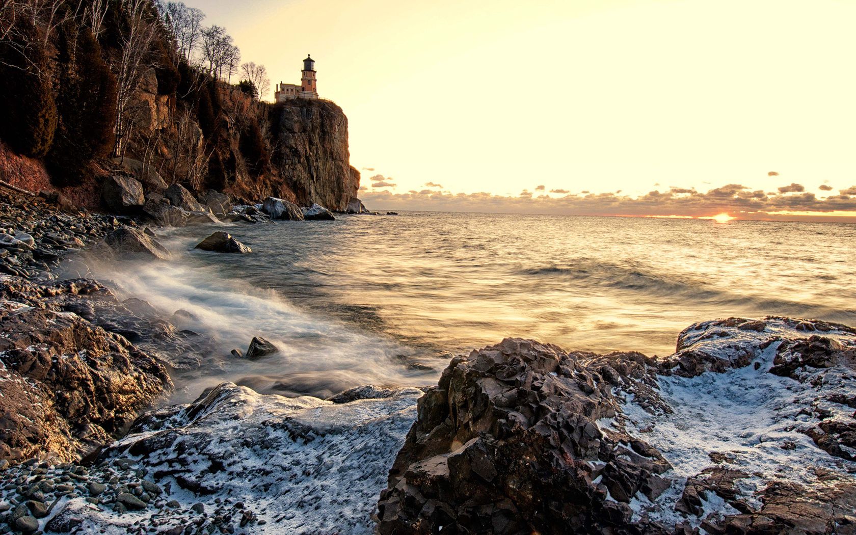 wallpapers nature, sea, waves, snow, rock, bank, shore, lighthouse, rocky, stony