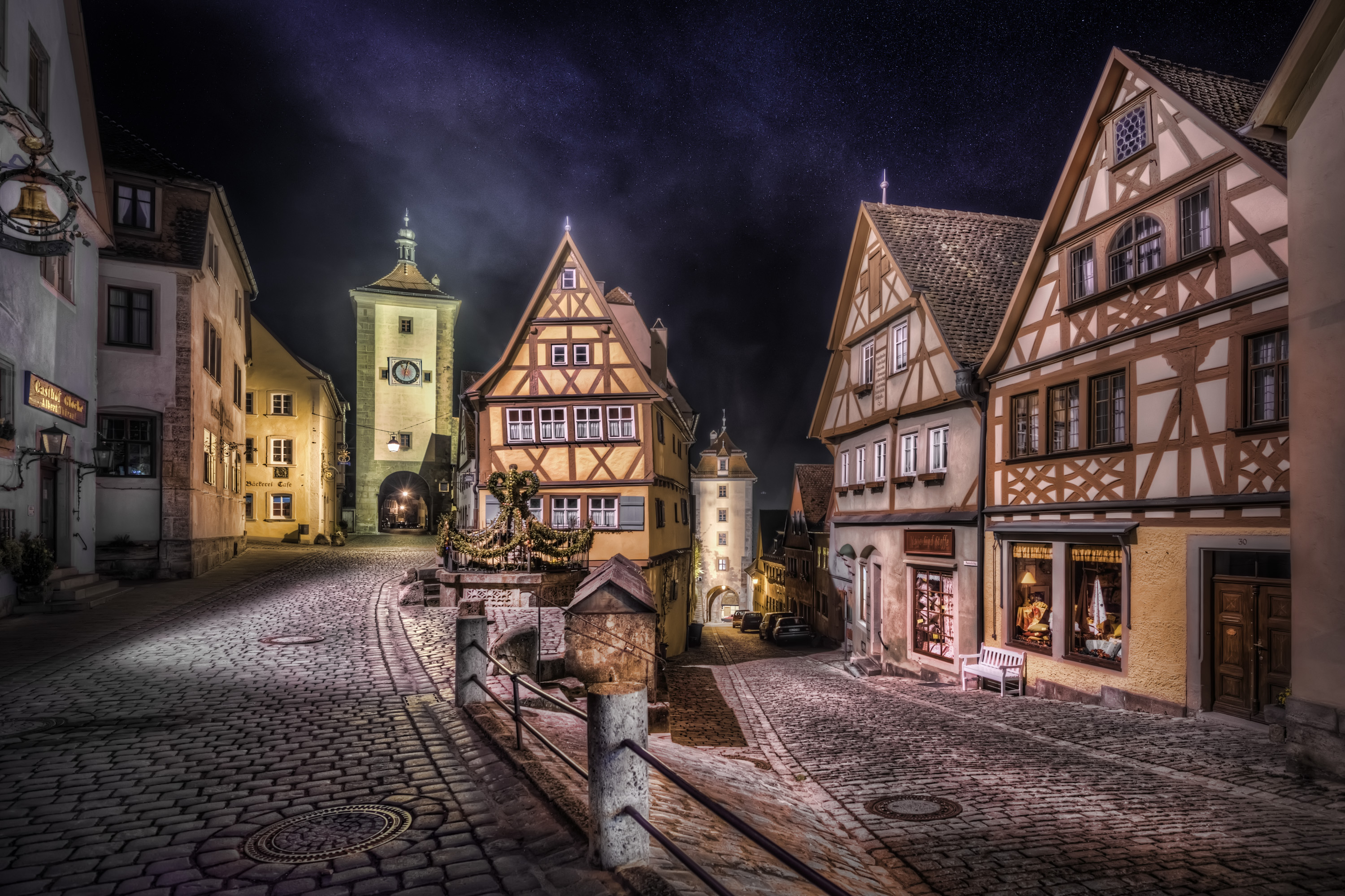 europe, germany, man made, rothenburg, night, road, sky, stars, tower clock, town, cities