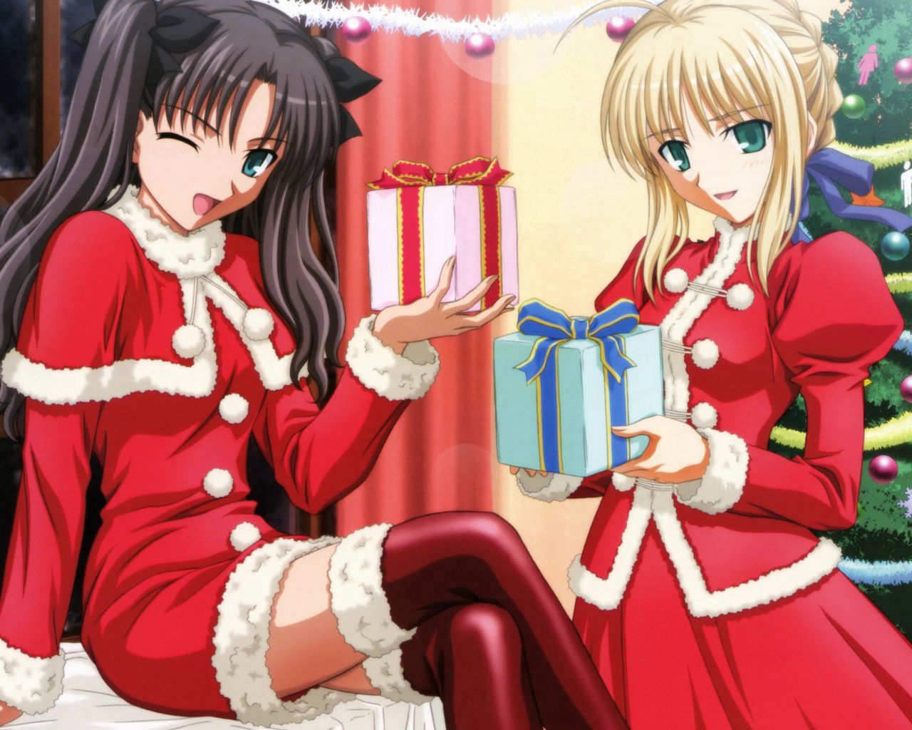 christmas, girls, anime, holidays, new year, presents, gifts Smartphone Background