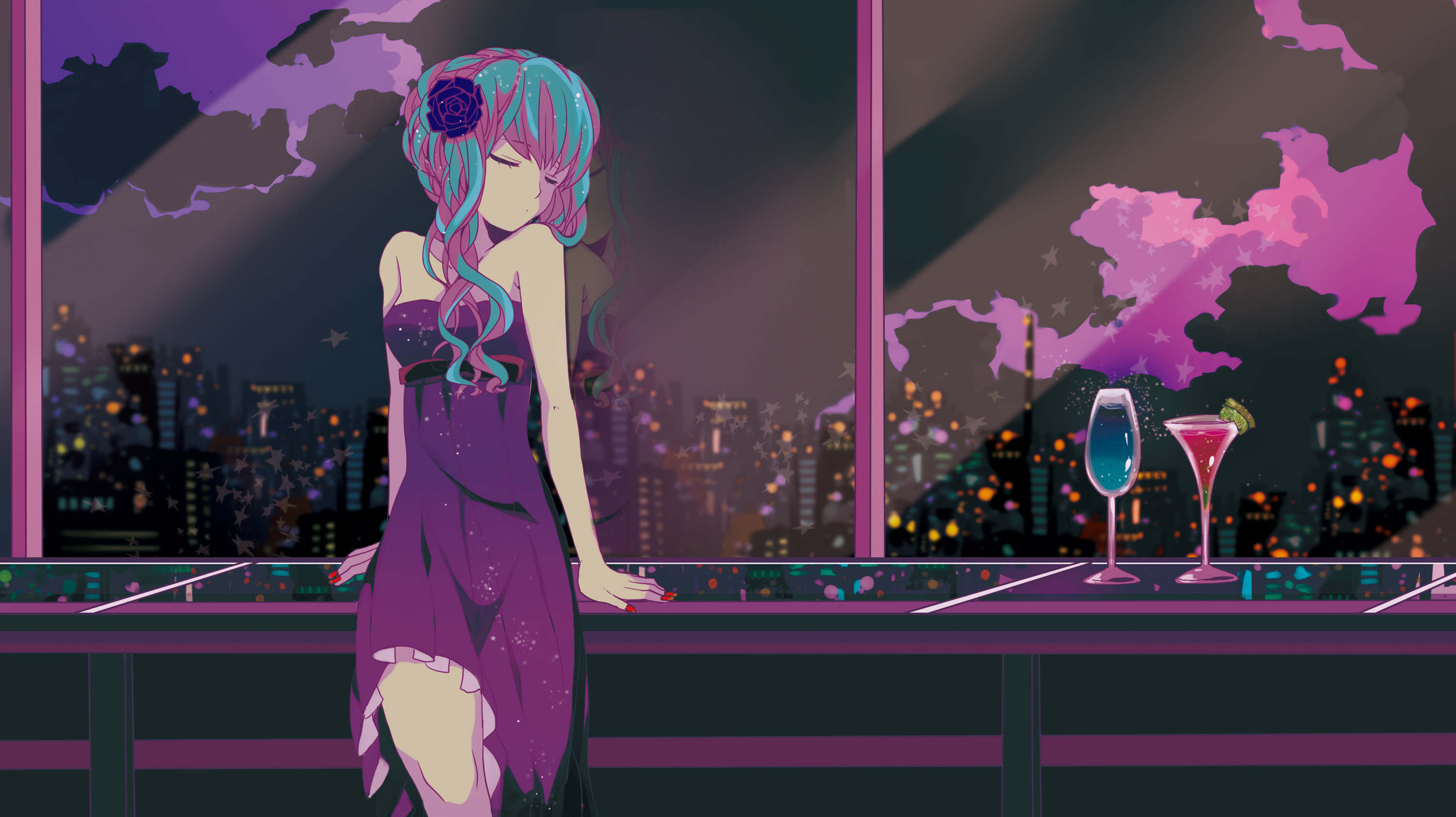 glass, anime, vocaloid, blue hair, dress, drink, hatsune miku, purple dress, purple hair, sky, two toned hair Free Stock Photo