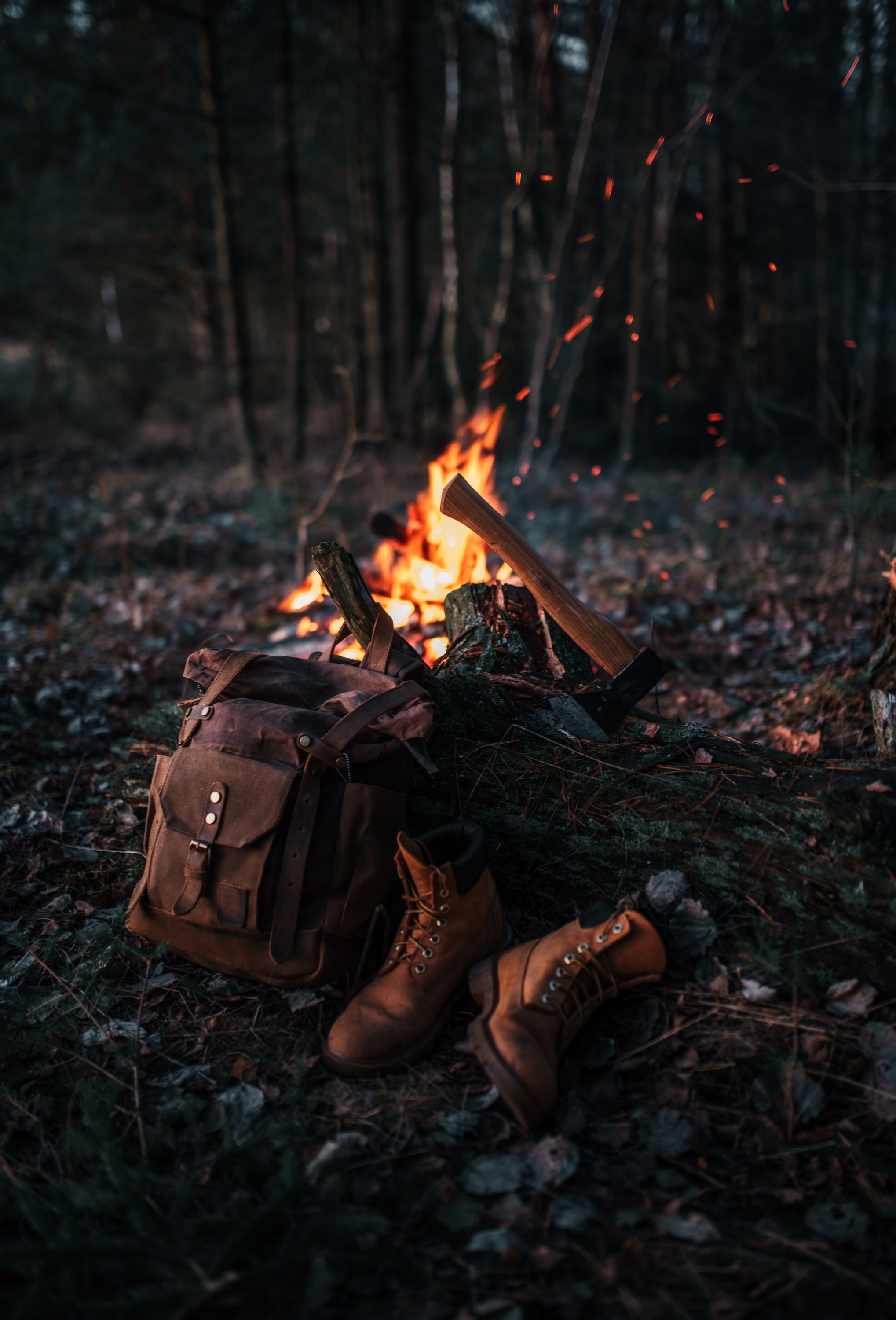 Download mobile wallpaper Ax, Boots, Axe, Miscellanea, Miscellaneous, Rucksack, Nature, Backpack, Shoes, Bonfire for free.