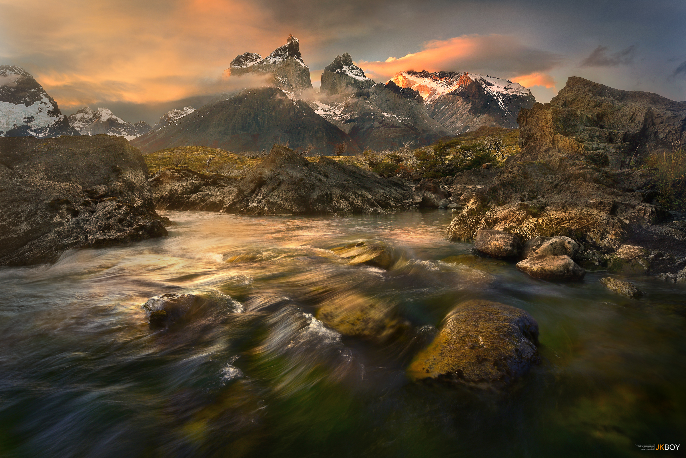 earth, torres del paine, chile, mountain, patagonia, stream, torres del paine national park, mountains 5K