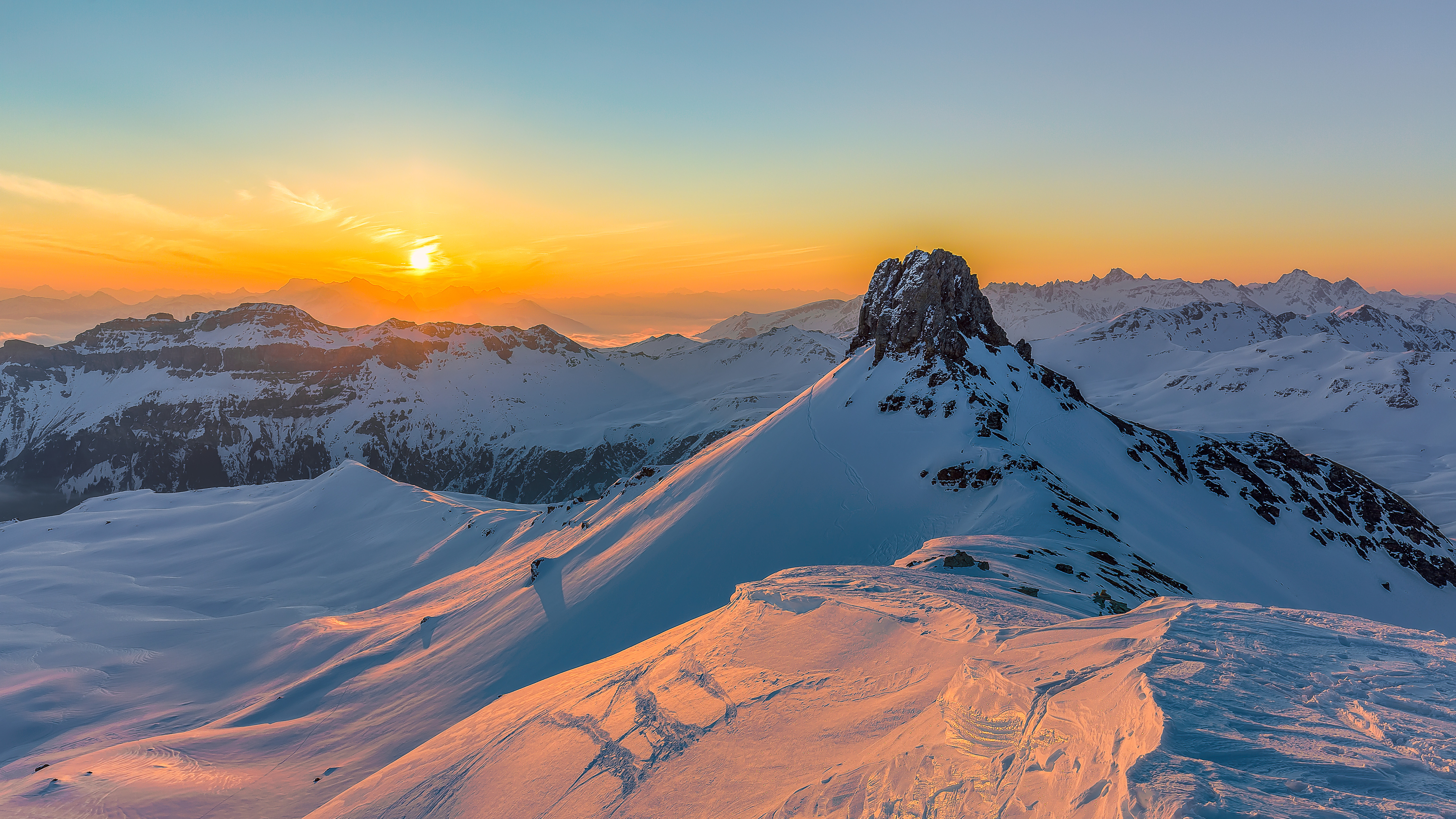 Free download wallpaper Nature, Sunset, Mountains, Rocks, Snow on your PC desktop