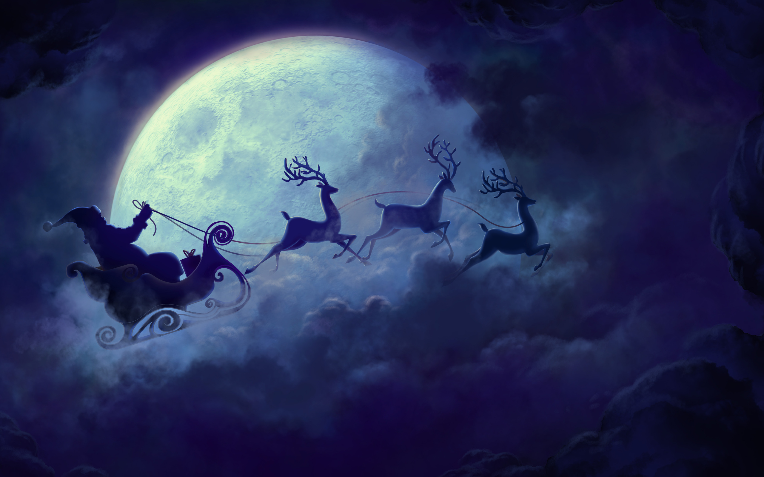 night, moon, blue, reindeer, christmas, santa, sleigh, holiday