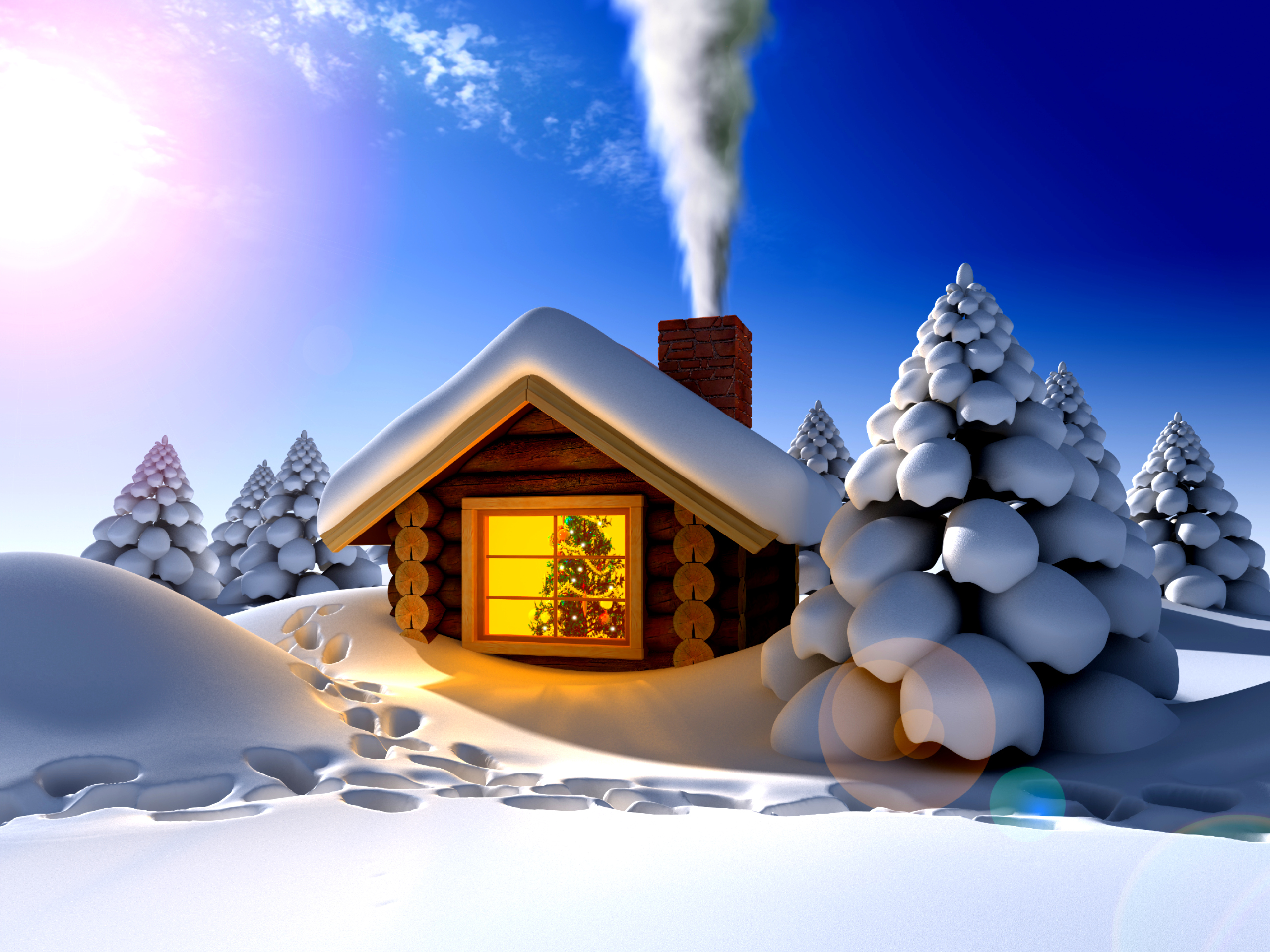 213008 免費下載壁紙 节日, 圣诞节, 3d, 舱, 烟, 雪, 树, 窗户, 冬季 屏保和圖片