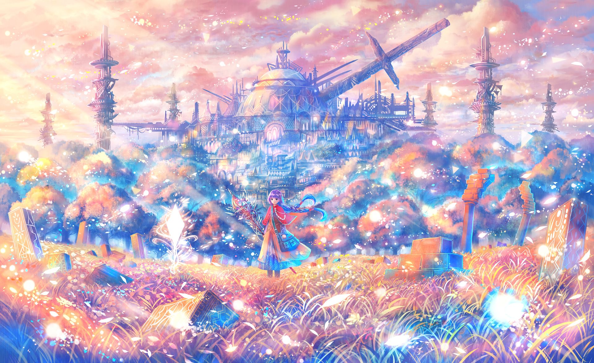 1920x1080 Background colorful, anime, original, braid, building, cloud, grass, purple hair, staff, sword, tree
