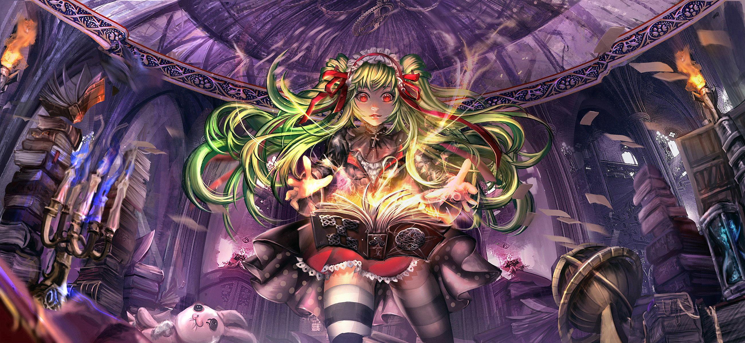 Download mobile wallpaper Anime, Magic, Girl, Book, Green Hair, Library, Red Eyes, Long Hair for free.