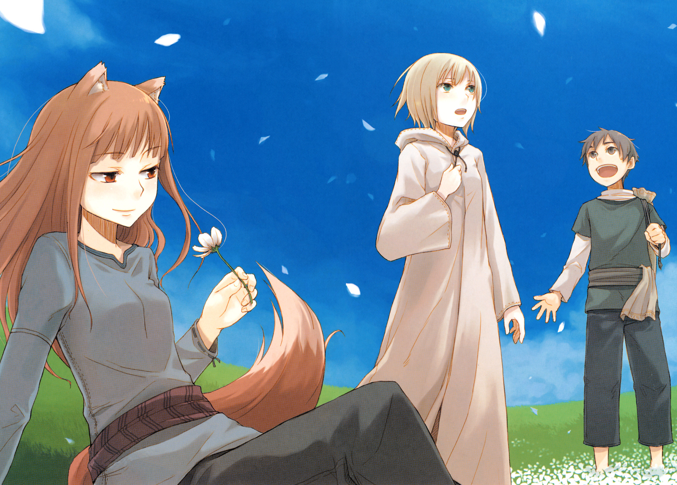 nature, animal ears, holo (spice & wolf), anime, spice and wolf, belt, blonde, brown hair, flower, grass, kemonomimi, long hair, scarf, sky, smile, tail