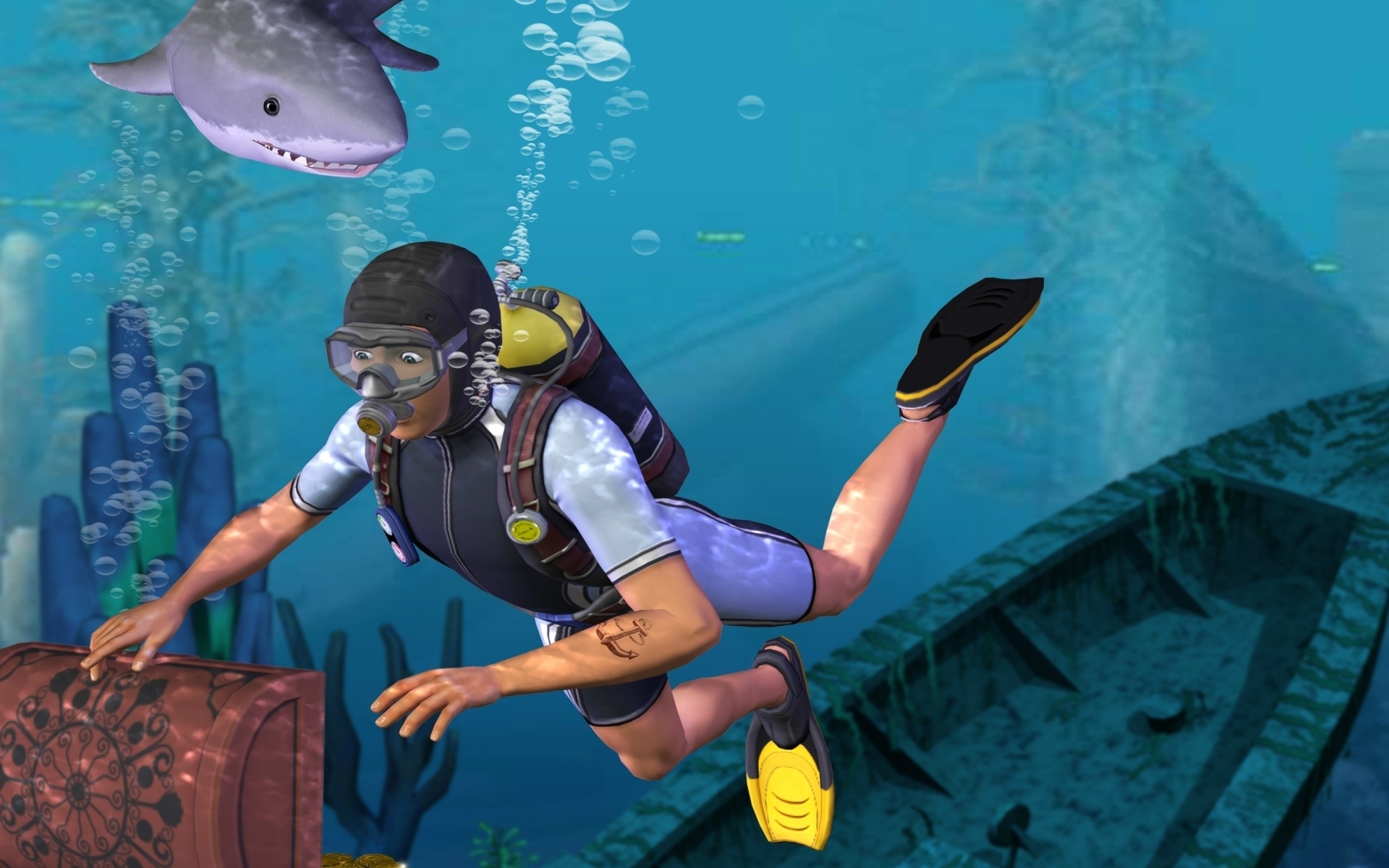 shark, video game, the sims, blue, diver, ocean, water HD wallpaper