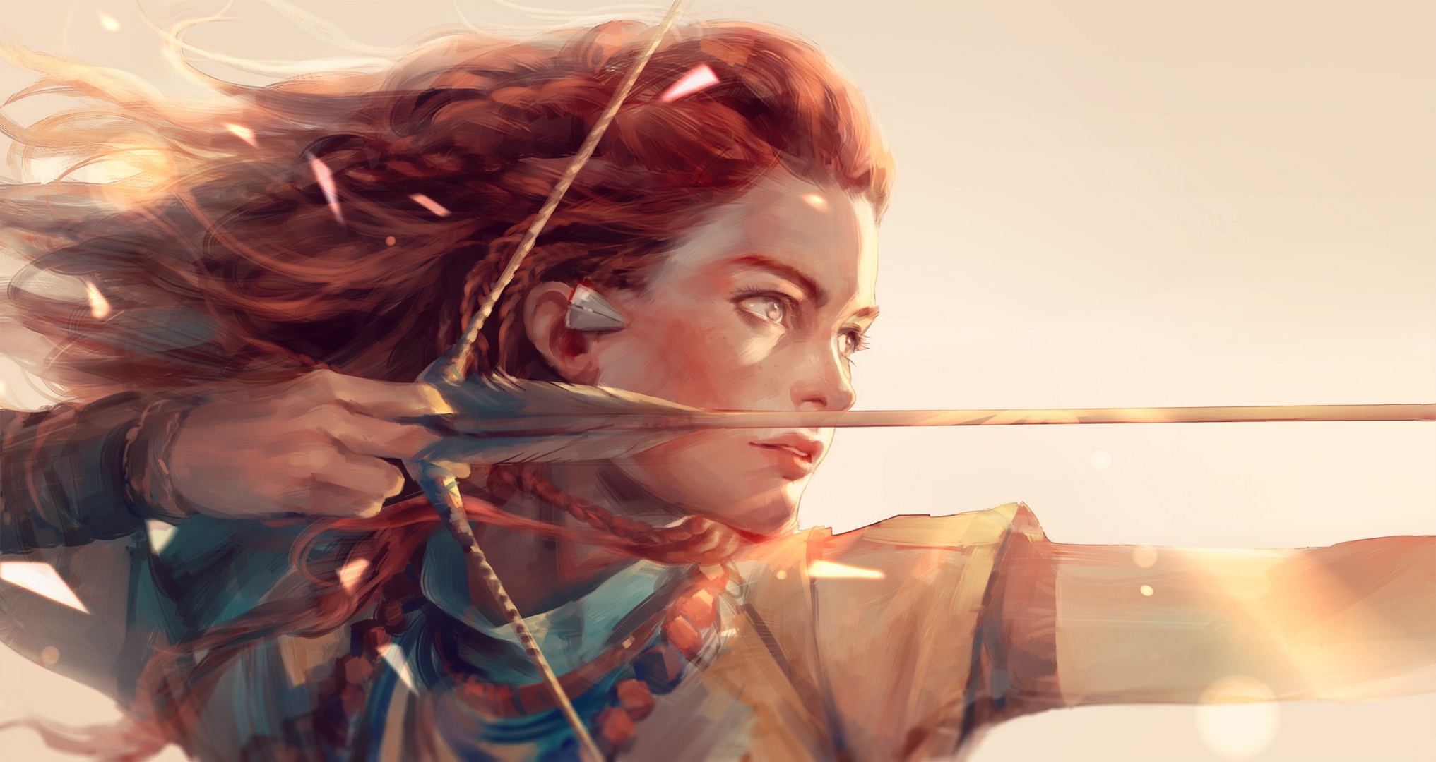 horizon zero dawn, aloy (horizon series), video game, braid, red hair, woman warrior QHD