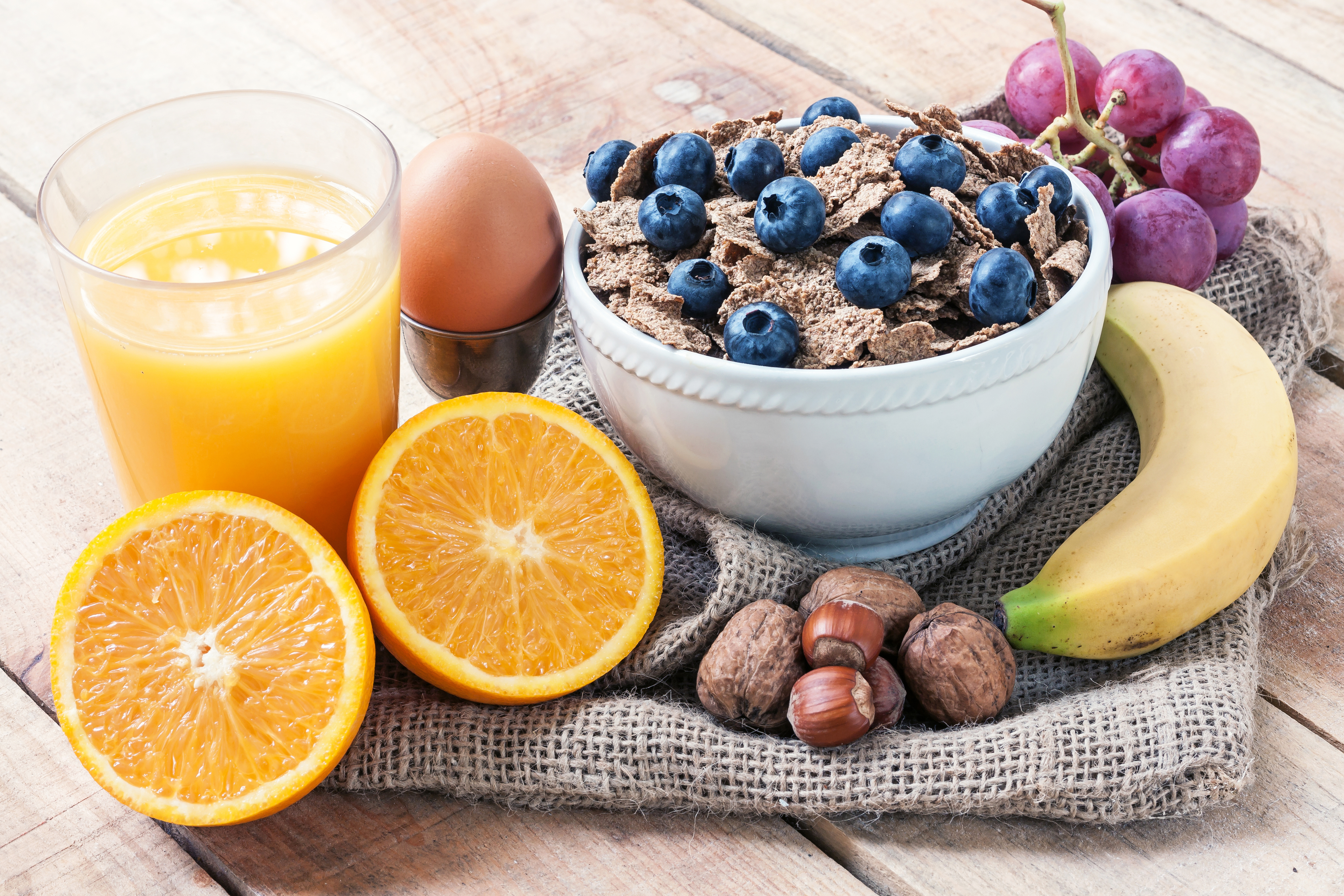 food, breakfast, banana, blueberry, grapes, juice, muesli, nut, orange (fruit) High Definition image