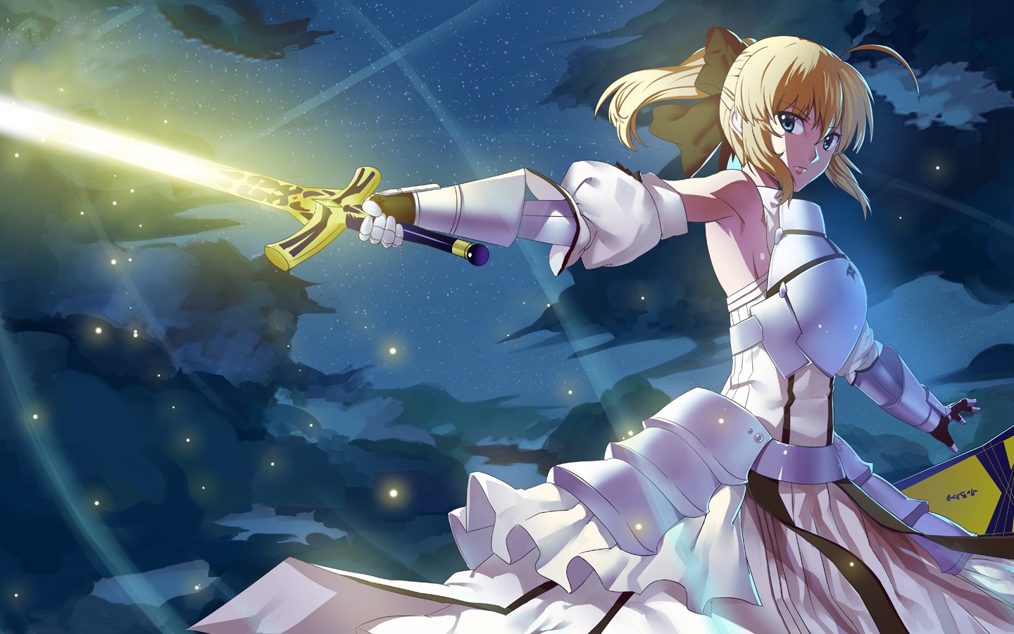 anime, fate/stay night, blonde, excalibur, green eyes, saber lily, short hair, white dress, fate series phone background