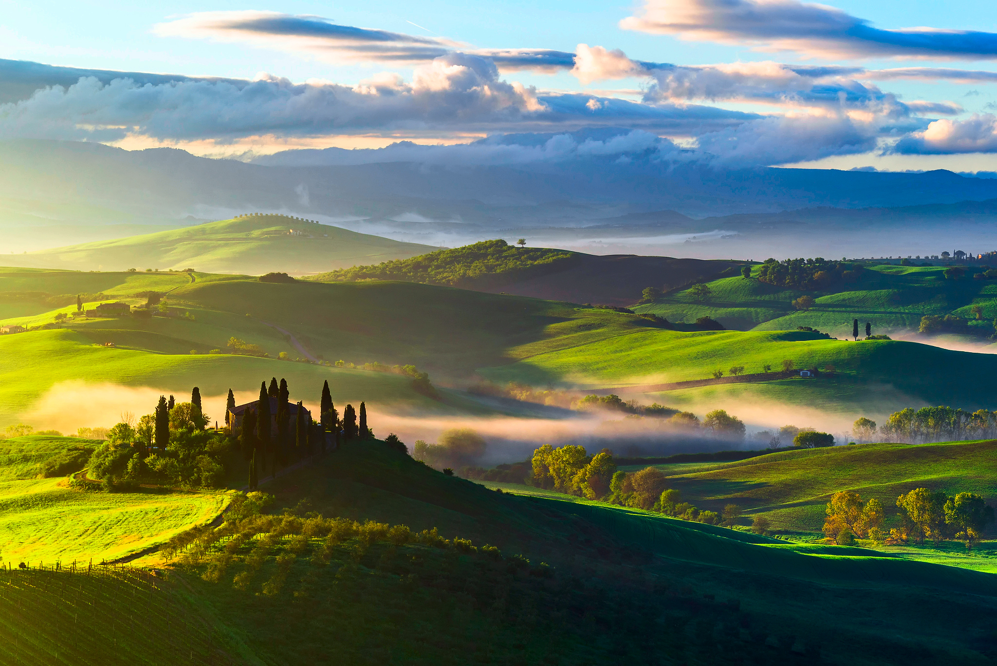 tuscany, trees, nature, fields, italy, view from above, fog Full HD