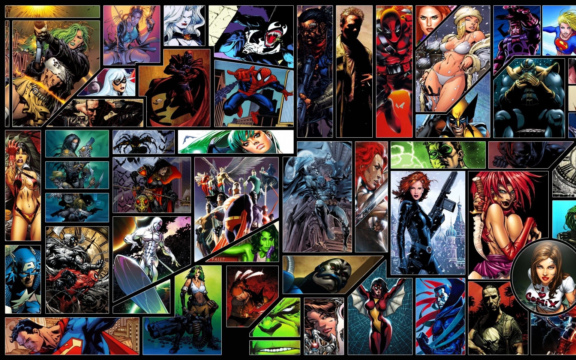 tomb raider, deadpool, justice league, collage, witchblade, comics, aphrodite ix (comics), apocalypse (marvel comics), bishop (marvel comics), black cat (marvel comics), black widow, captain america, dc comics, elektra (marvel comics), galactus, green lantern, hal jordan, hawkgirl (dc comics), hawkman (dc comics), hulk, katar hol, lady death, magneto (marvel comics), mary jane watson, mister sinister, moon knight, punisher, red sonja, shayera hol, she hulk, silver surfer, spider man, spider woman, supergirl, superman, thanos, the darkness, vampirella, venom, wolverine, wonder woman wallpaper for mobile