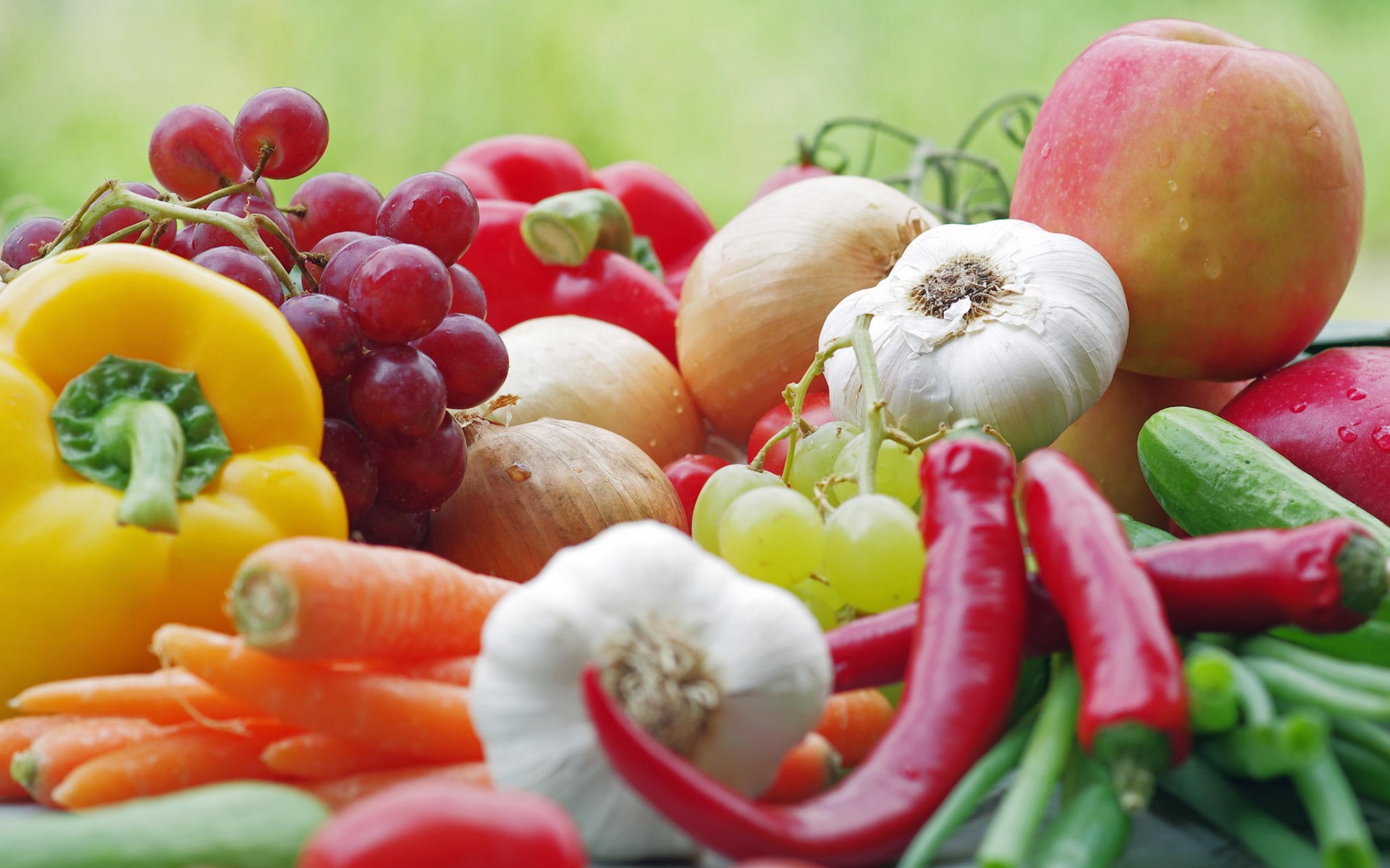 food, fruits & vegetables, apple, garlic, grapes, onion, pepper, fruits HD wallpaper