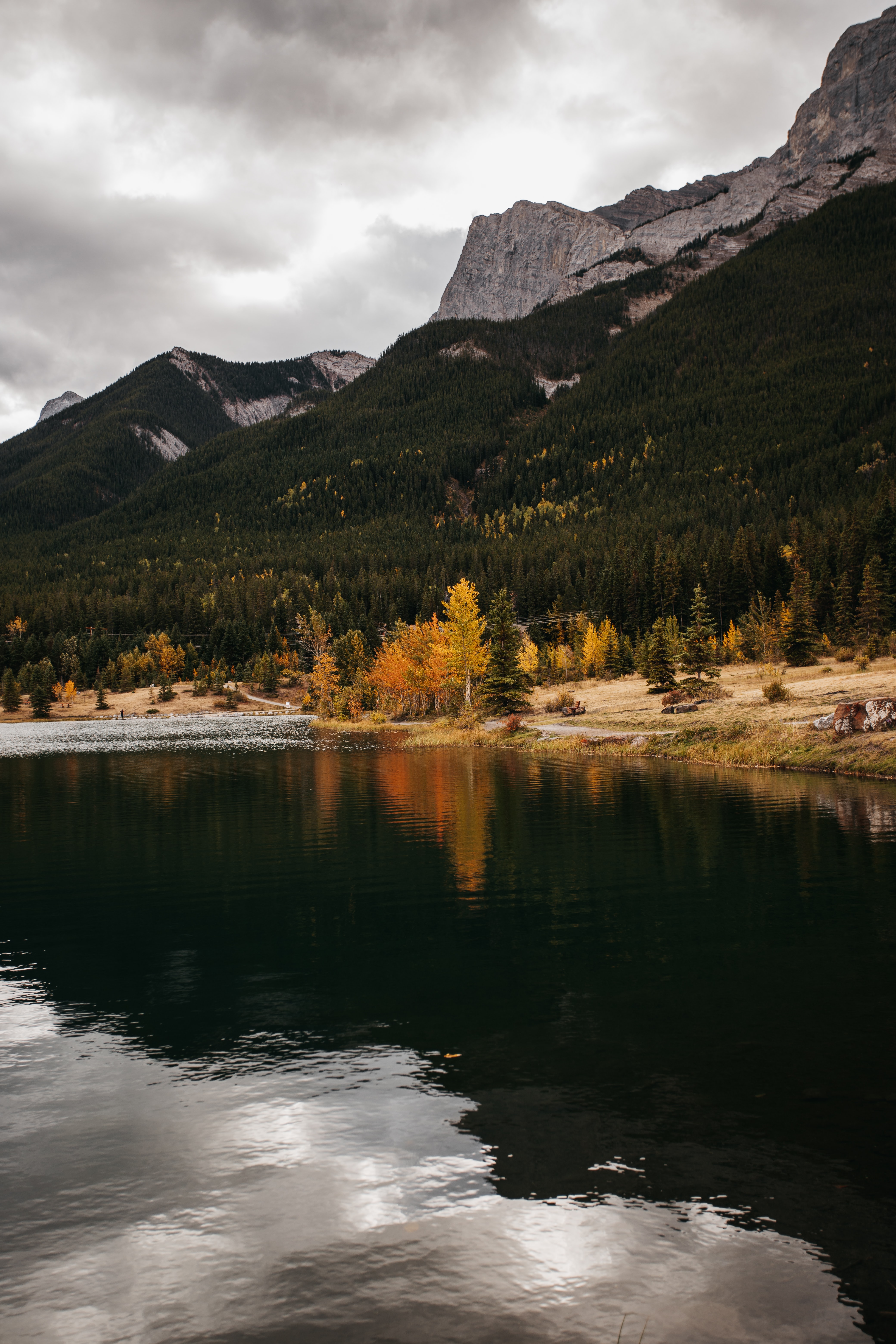 Download mobile wallpaper Rock, Lake, Forest, Nature, Autumn for free.