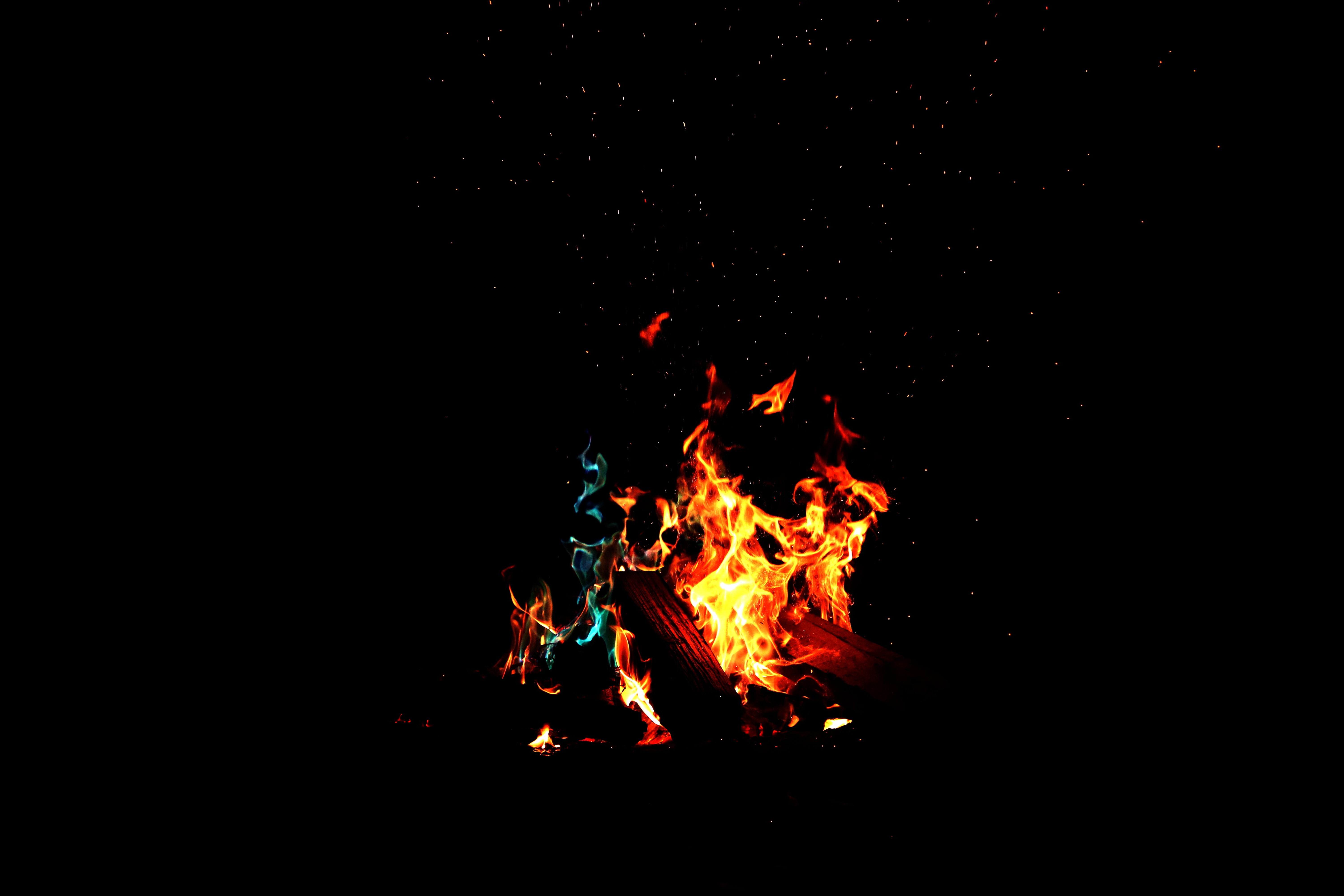 firewood, light, dark, fire, bonfire, shine, sparks, camping, campsite