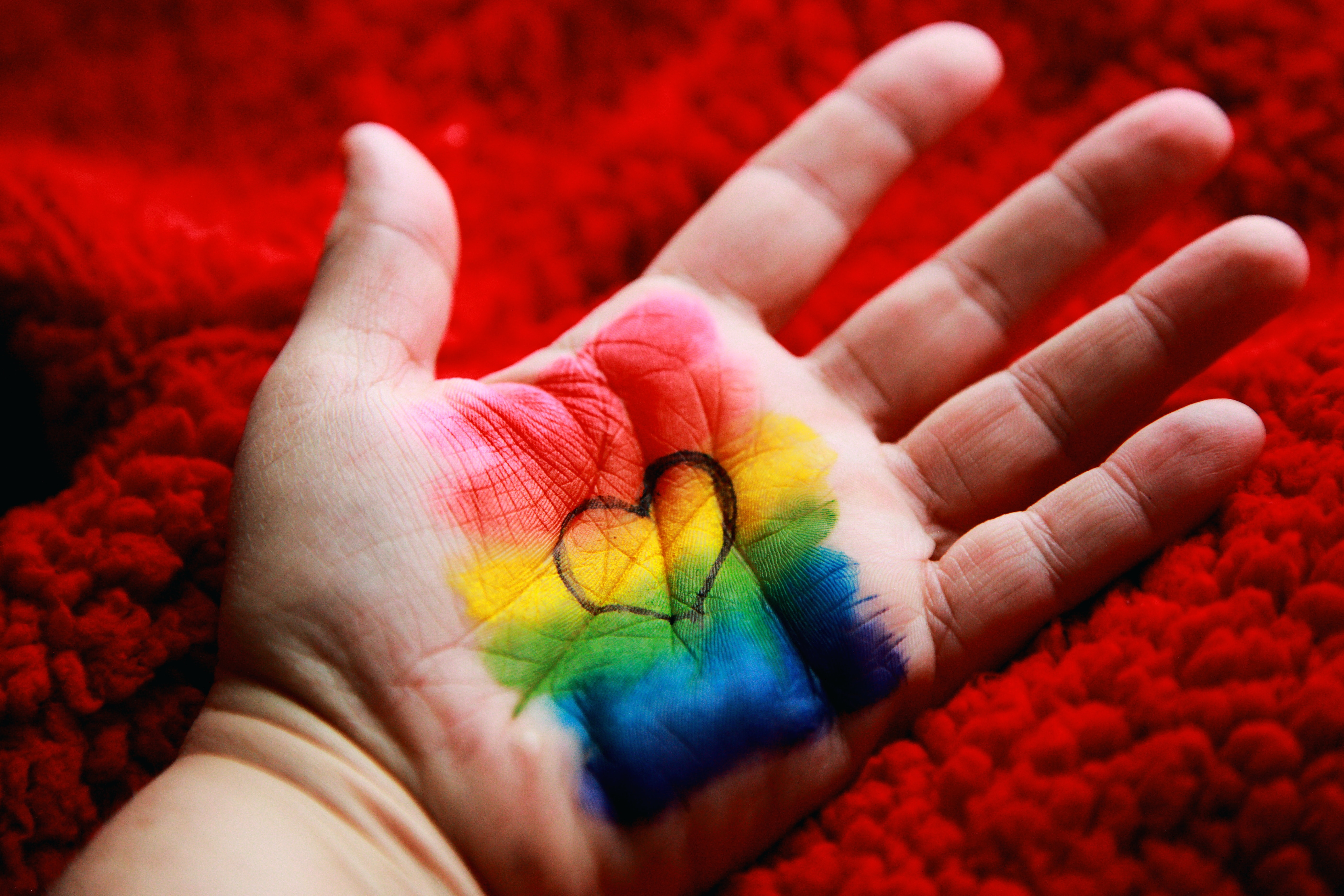Download mobile wallpaper Paint, Hand, Motley, Multicolored, Heart, Love, Rainbow for free.