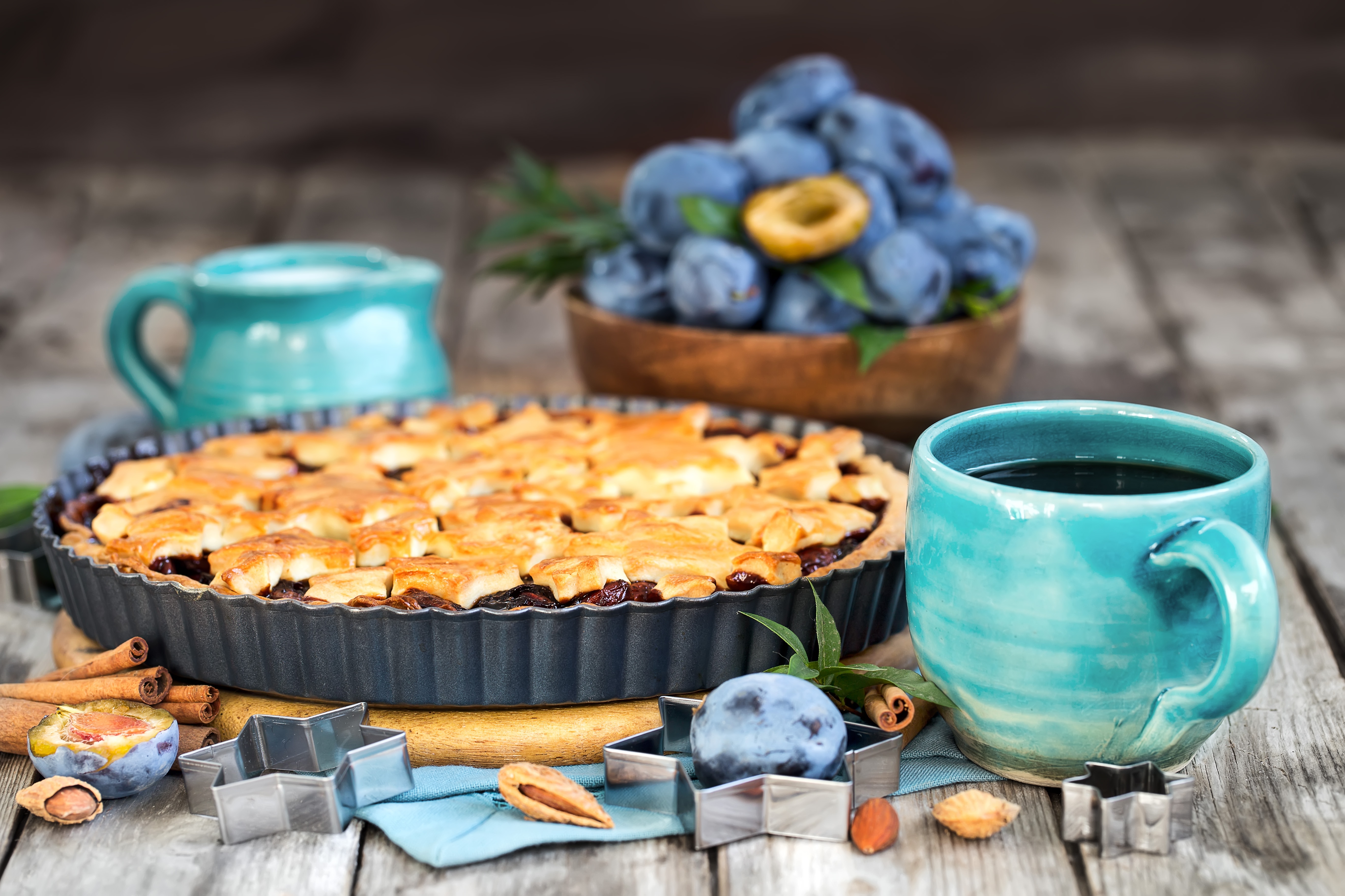 food, pie, coffee, cup, fruit, pastry, plum, still life HD wallpaper