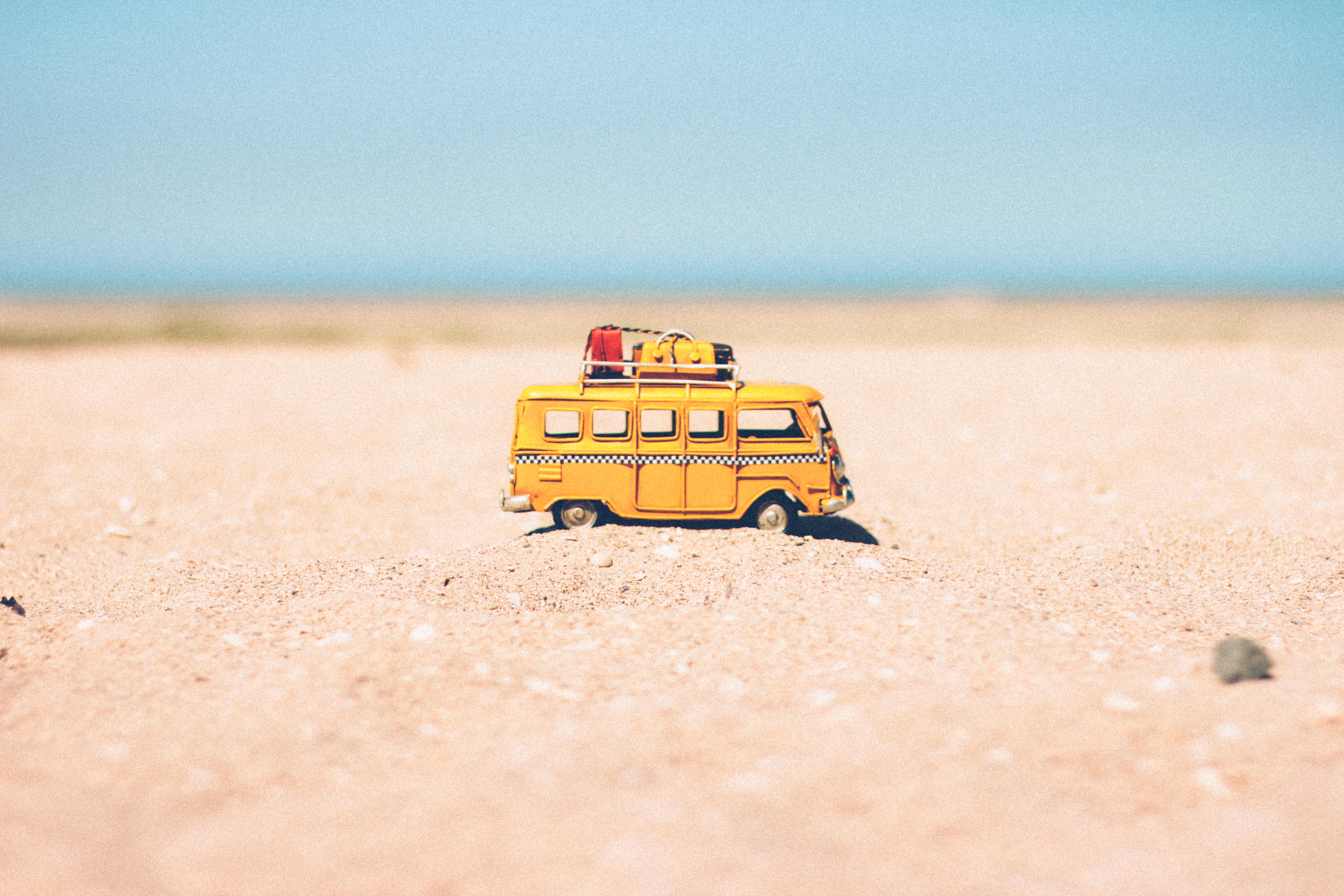 yellow, toy, bus, beach, sand, miscellanea, miscellaneous 4K Ultra