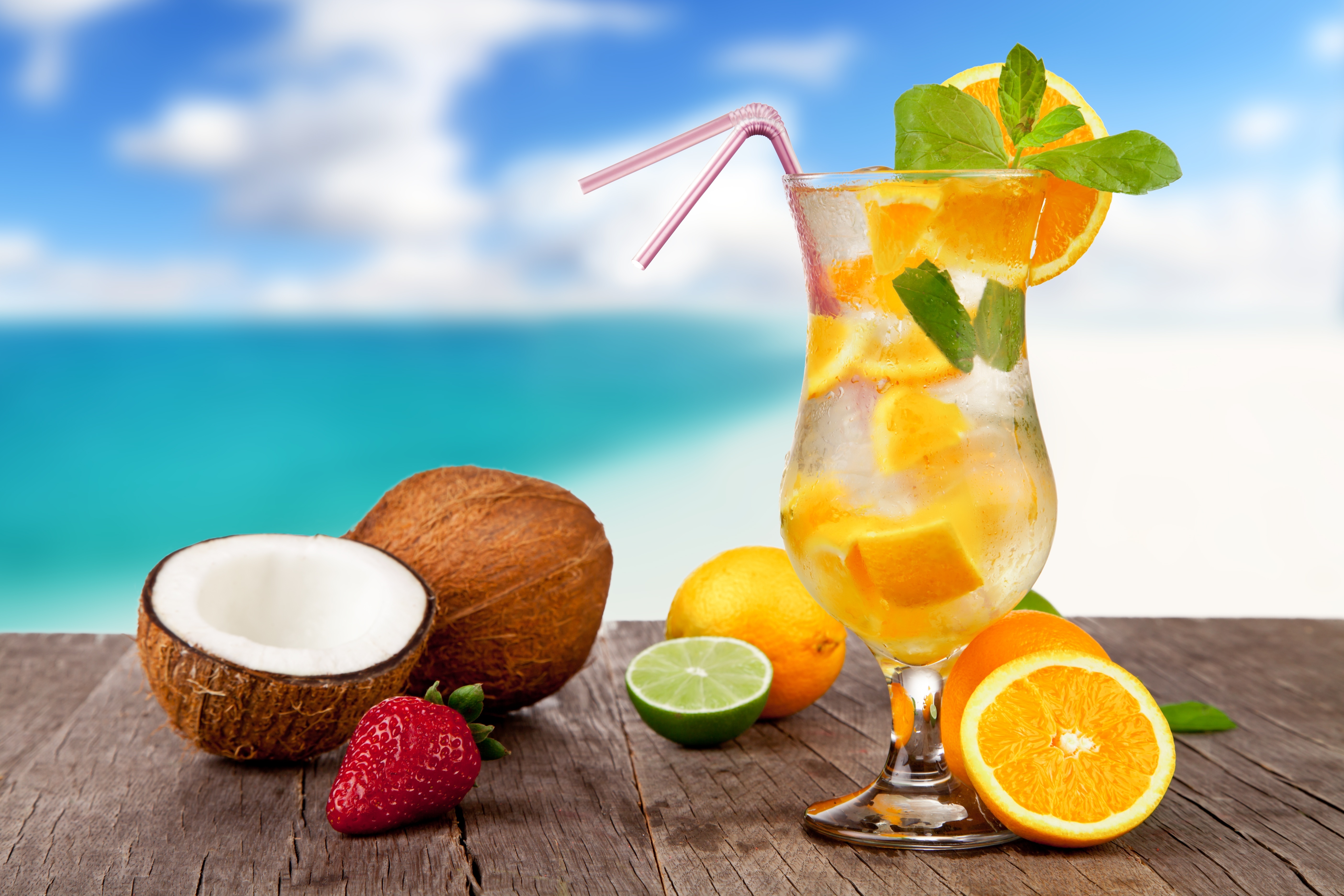 cocktail, food, coconut, drink, fruit, glass, orange (fruit) 1080p
