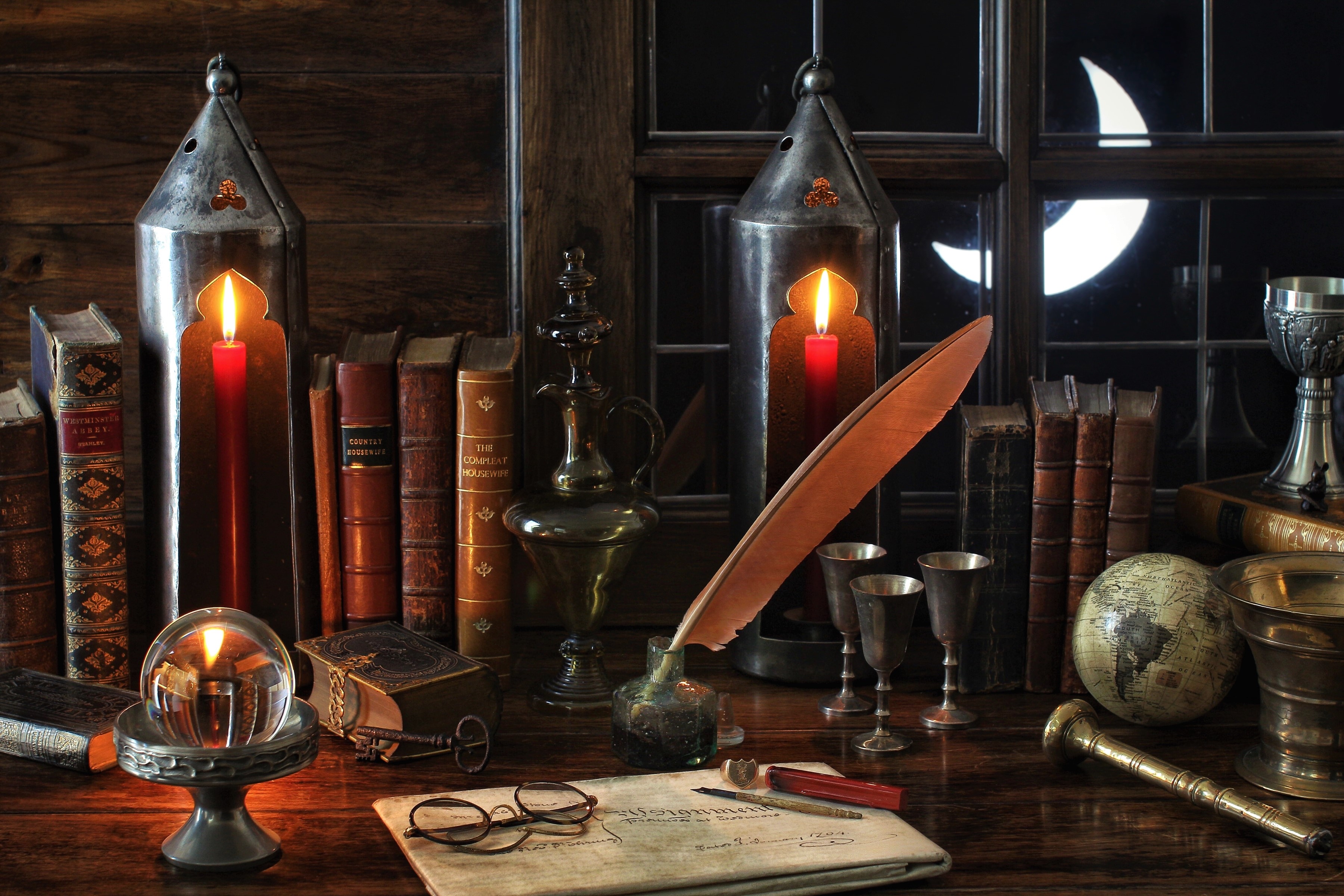 Download background book, photography, still life, candle, crescent, glasses, globe, night, window