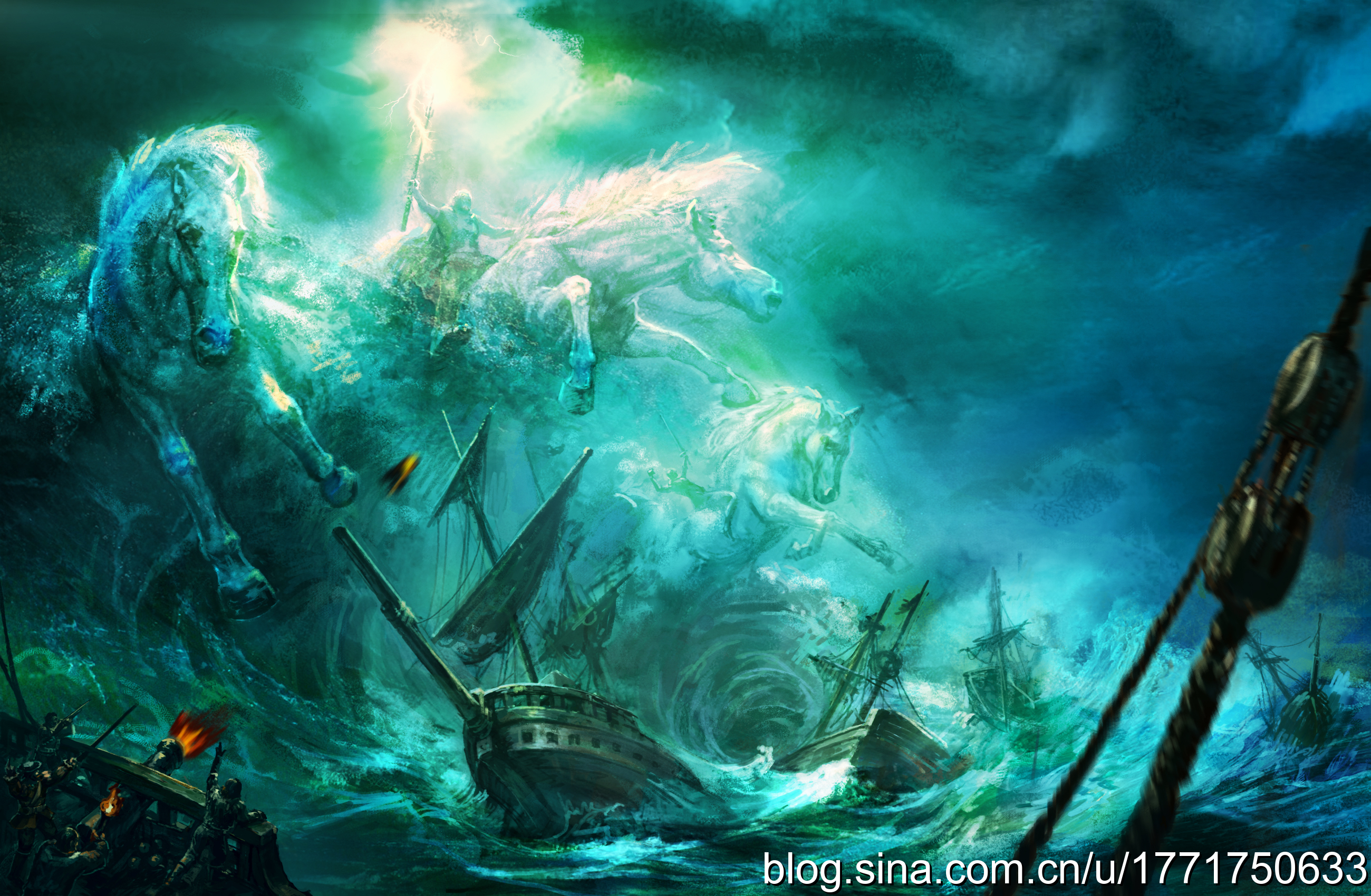 Download mobile wallpaper Landscape, Fantasy, Ship, Bokeh, Wave, Knight, Gods for free.
