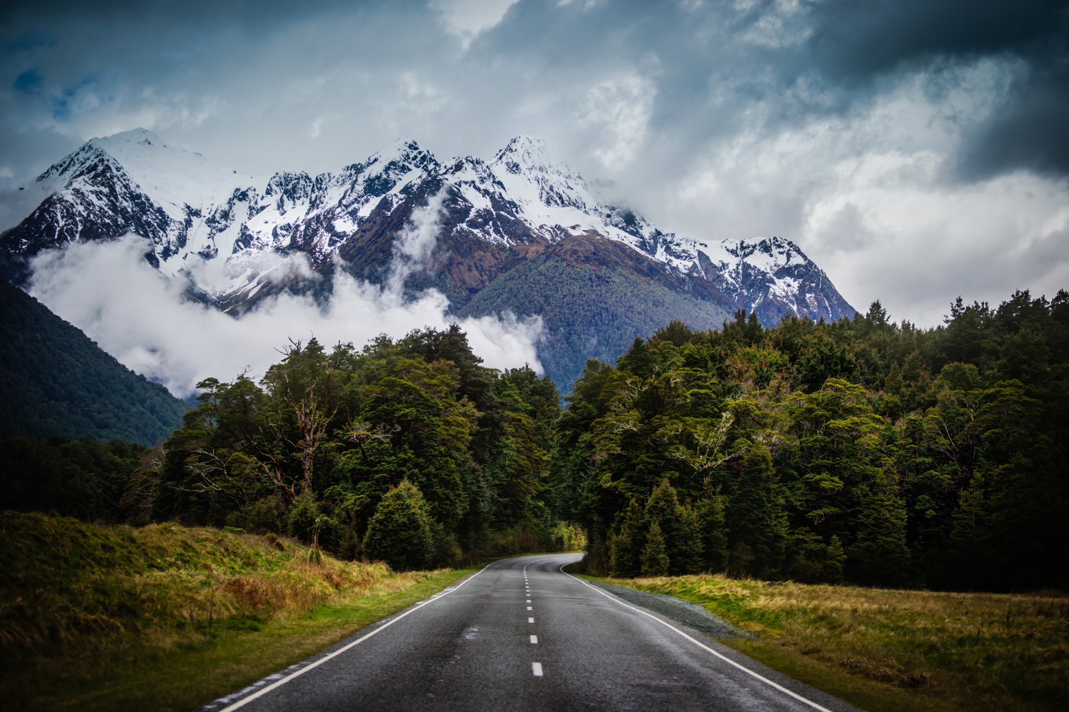 road, mountains, earth, aoraki/mount cook, fog, mount cook, southern alps, mountain