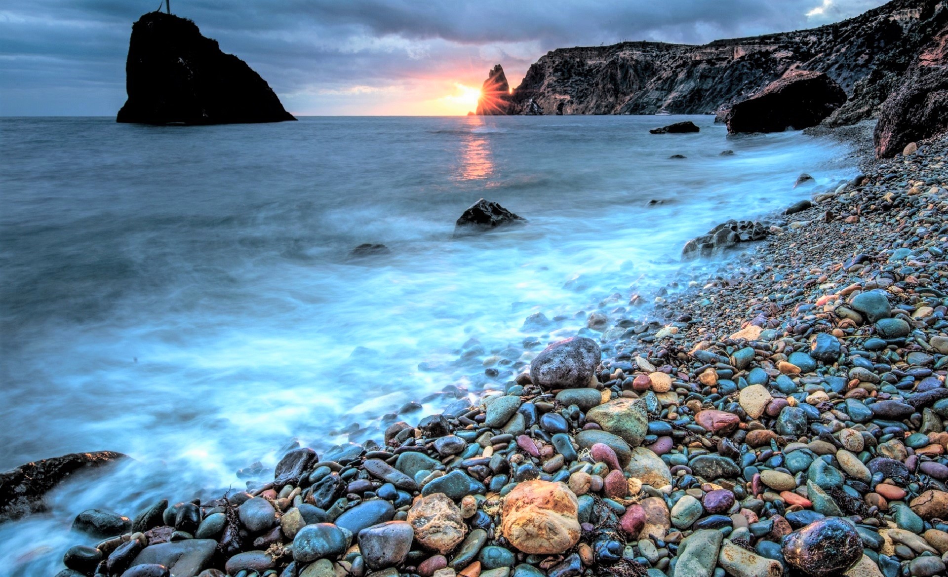 earth, coastline, cliff, colorful, horizon, ocean, pebbles, sea, sunset