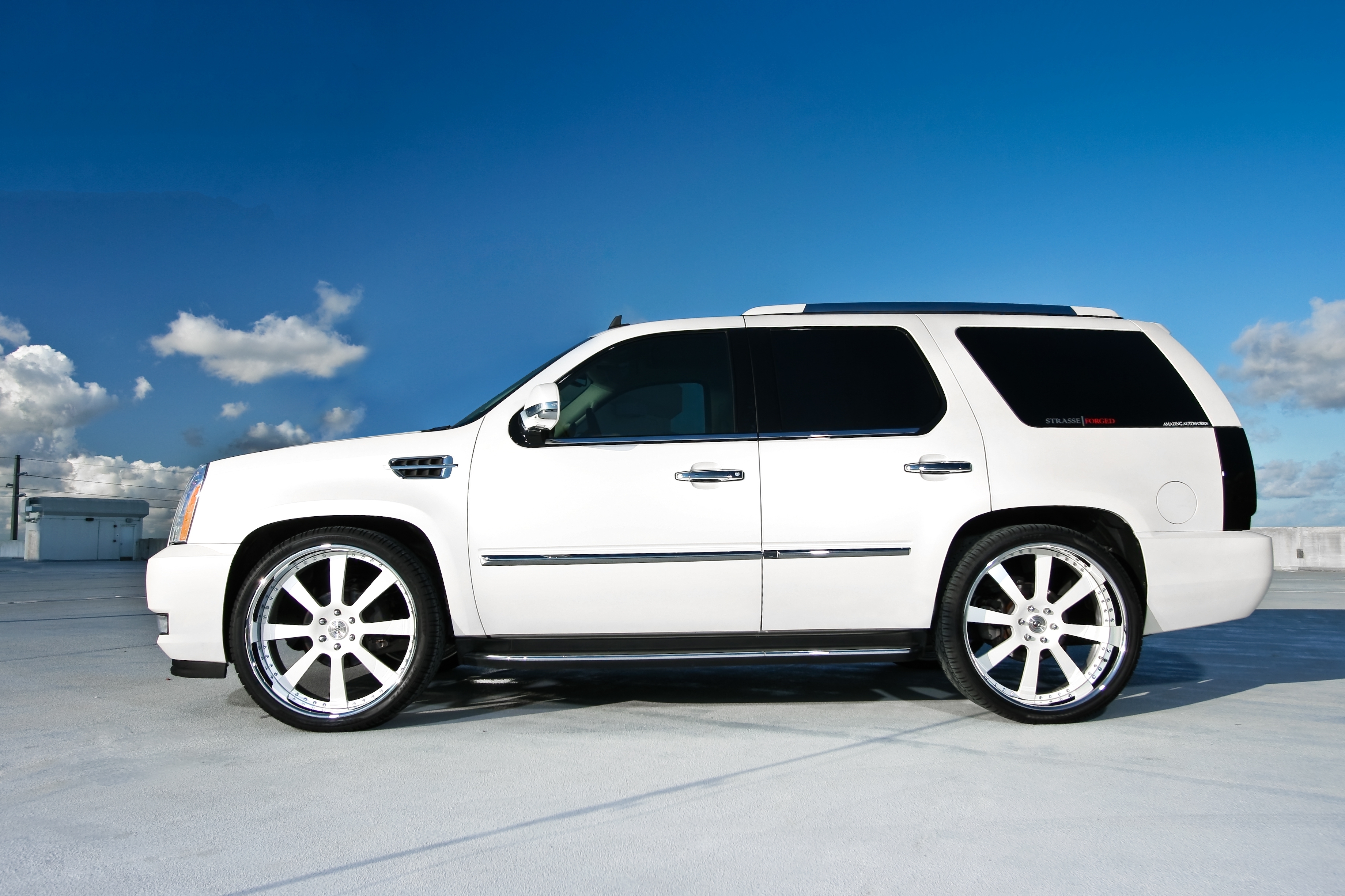cadillac, cars, white, roof, parking, profile, disks, drives, wheels, escalade
