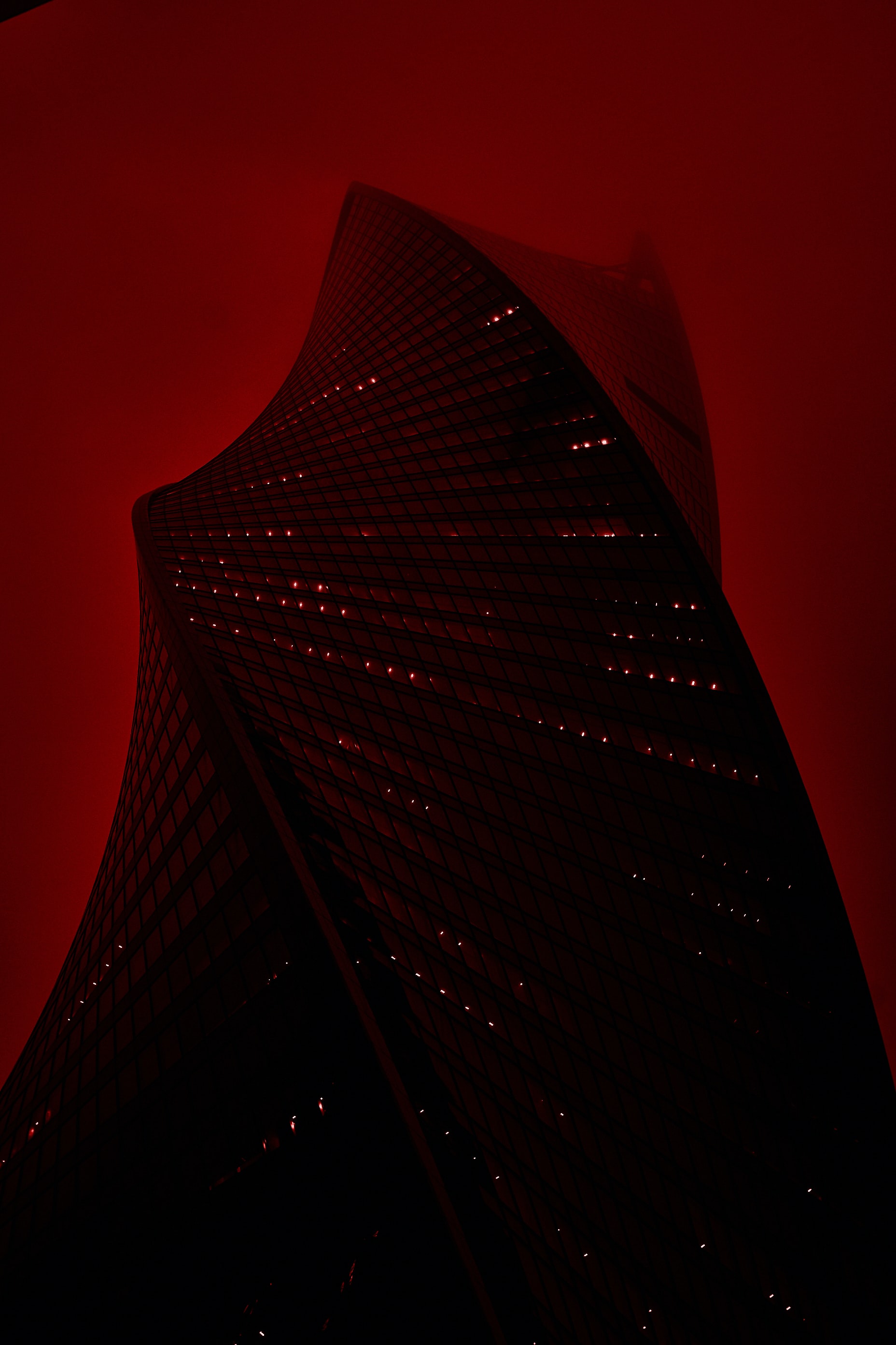 red, building, dark, facade, twisting, twist cell phone wallpapers