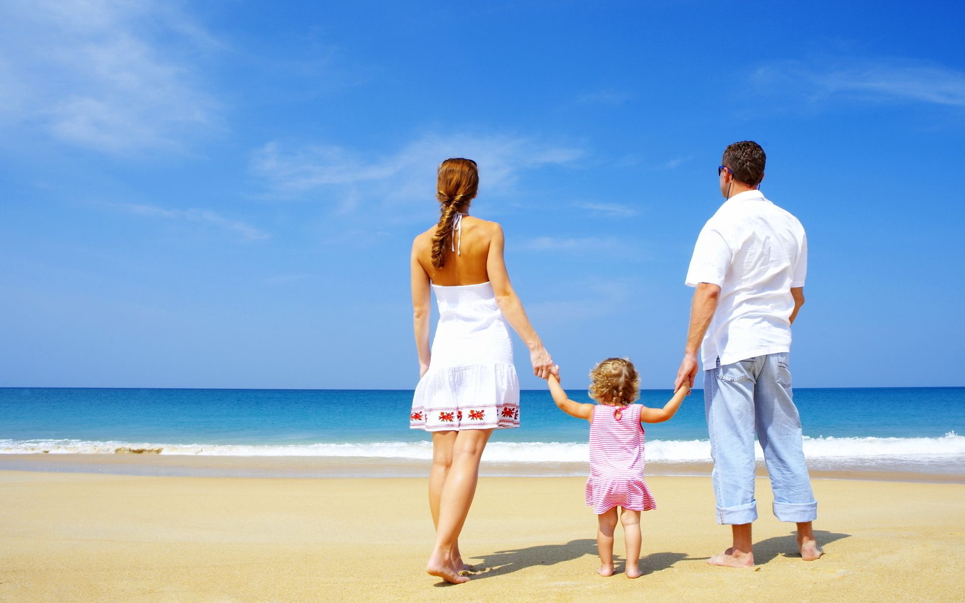 family, love, sea, sand, shore, bank, child, happiness 2160p