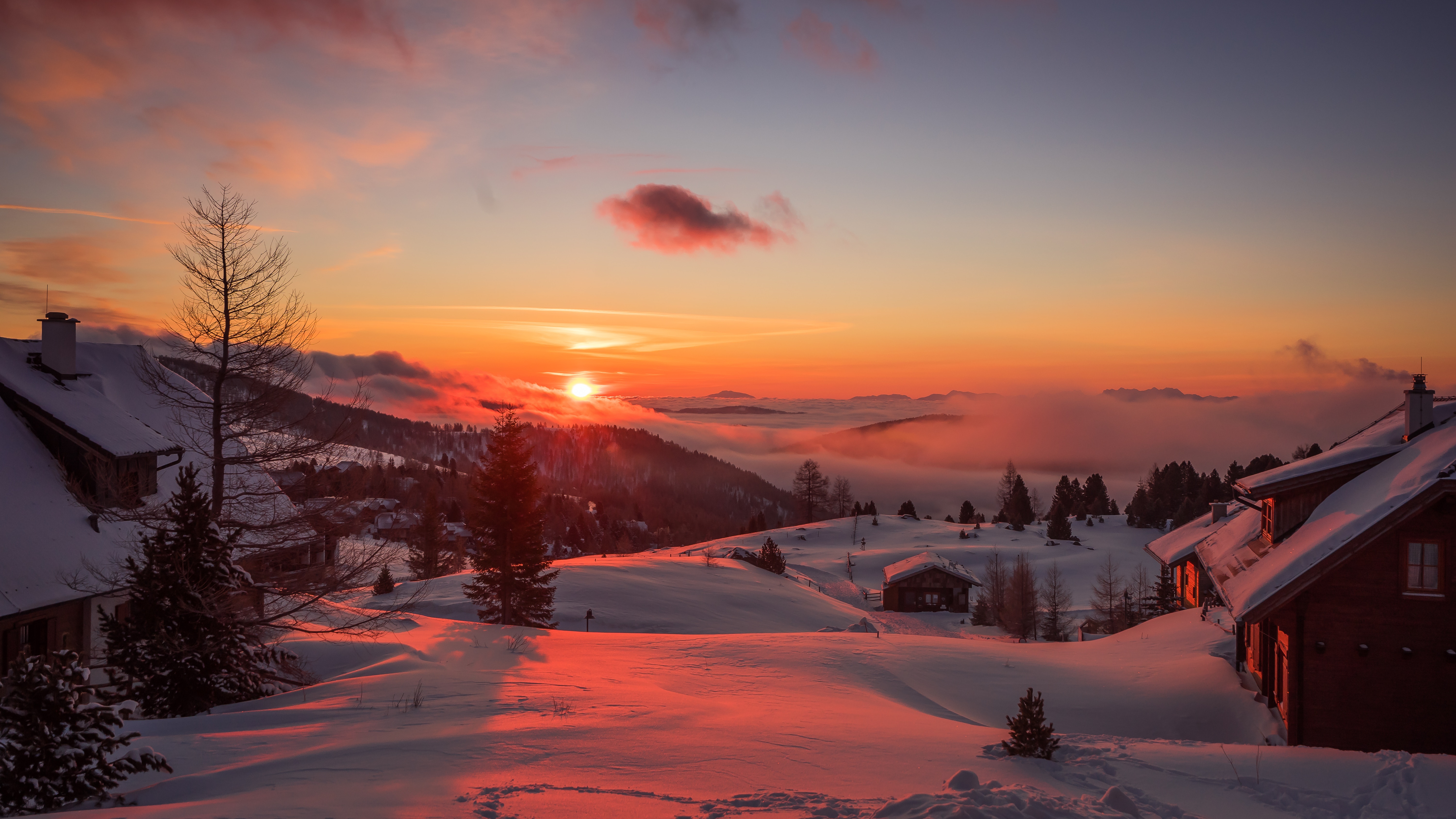 vertical wallpaper winter, austria, nature, sunset, trees, mountains