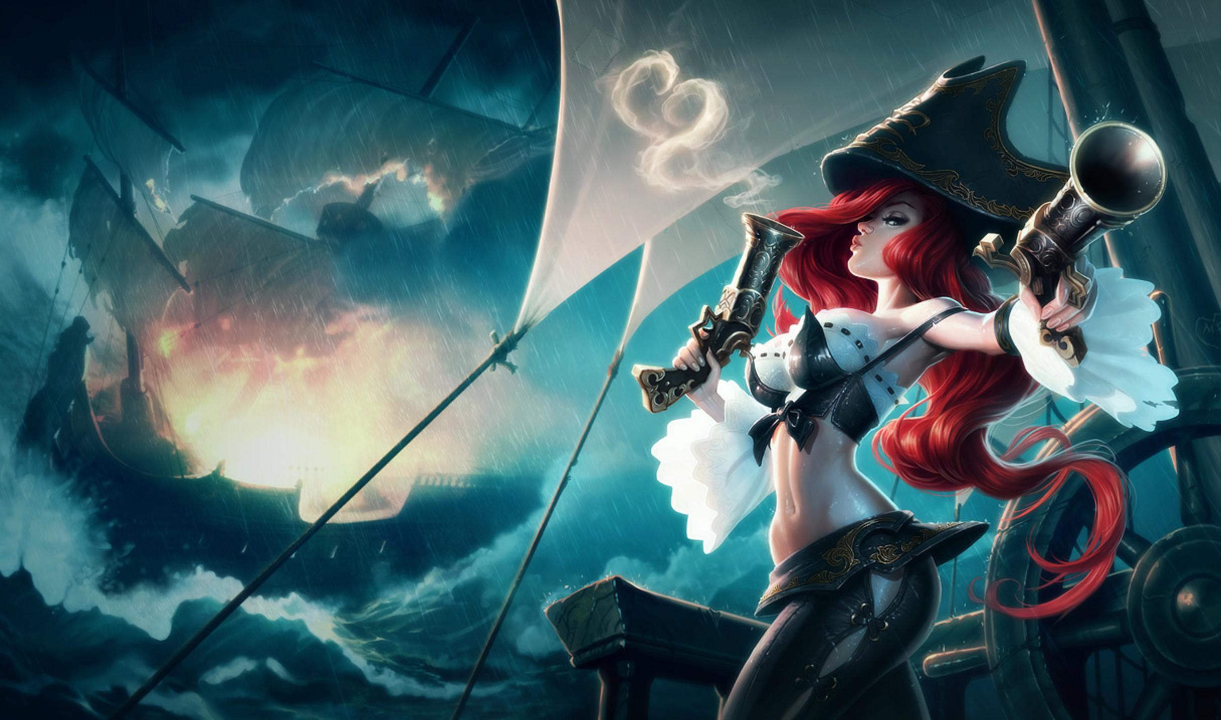 Download mobile wallpaper Rain, League Of Legends, Pirate, Video Game, Gun, Long Hair, Red Hair, Woman Warrior, Miss Fortune (League Of Legends) for free.