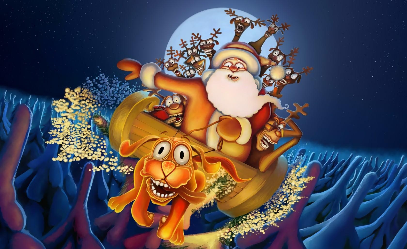 christmas, night, deers, holidays, santa claus, moon, fir trees, dog, flight 4K Ultra